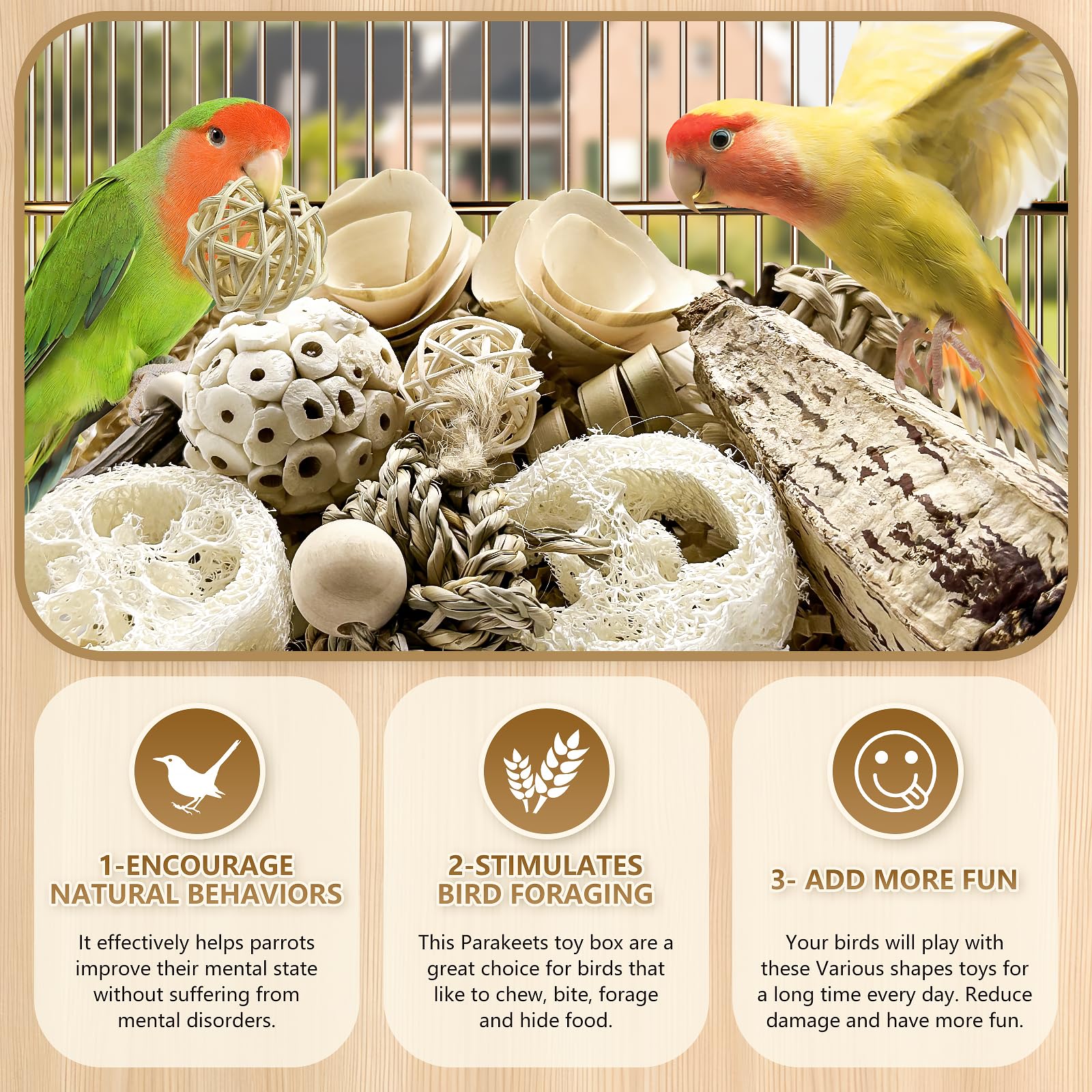 Juguete Natural para pájaros, Caja de Juguetes para triturar Loros, Juguetes para Masticar cacatúa, Periquito, Periquito, pájaros pequeños y medianos (Color Natural)