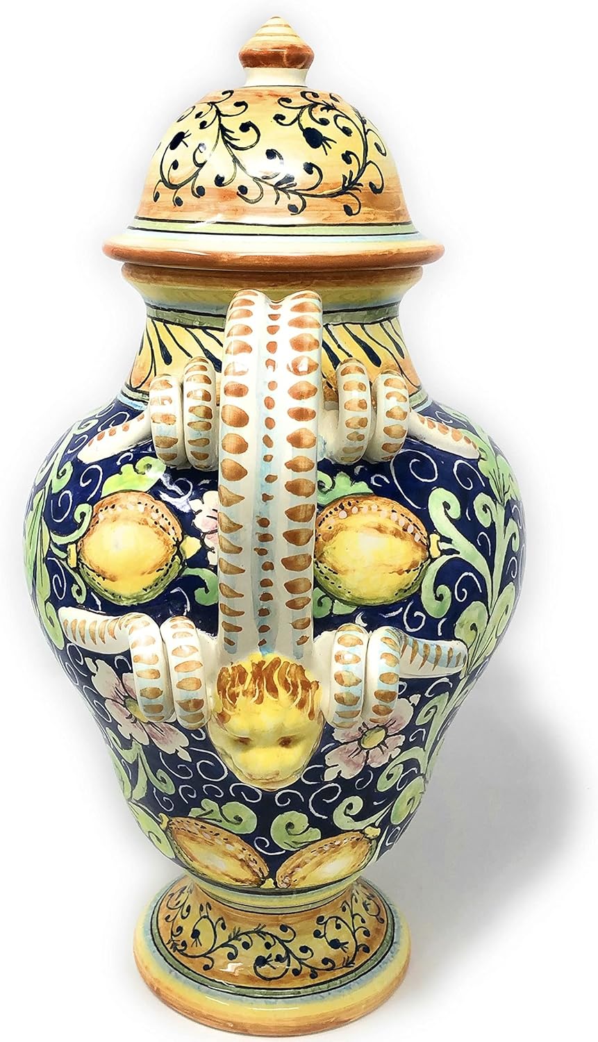 CERAMICHE D'ARTE PARRINI - Italian Ceramic Amphora Vase Jar Hand Painted with Lemons on Blue Background Made in Italy Tuscan
