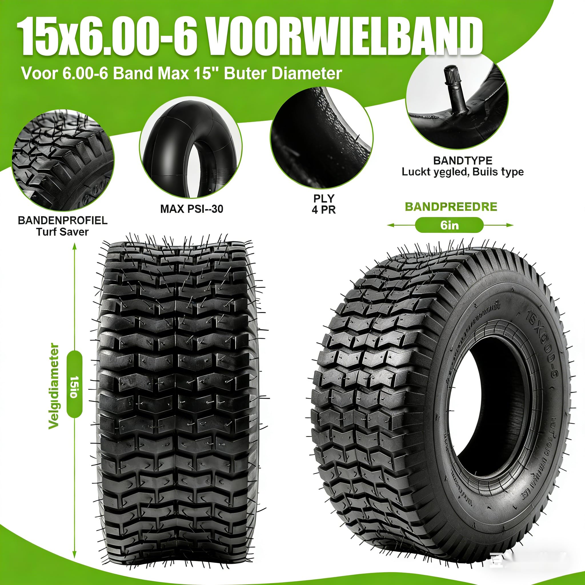 2-Pack 15x6.00-6 Reifen und Innenrohr Set TR-13 Gerade Ventil Stamm Naturkautschuk 4-Schicht mit Rohr 400 lbs Kapazität Ersatz Reiten Mäher Vorderrad Montage