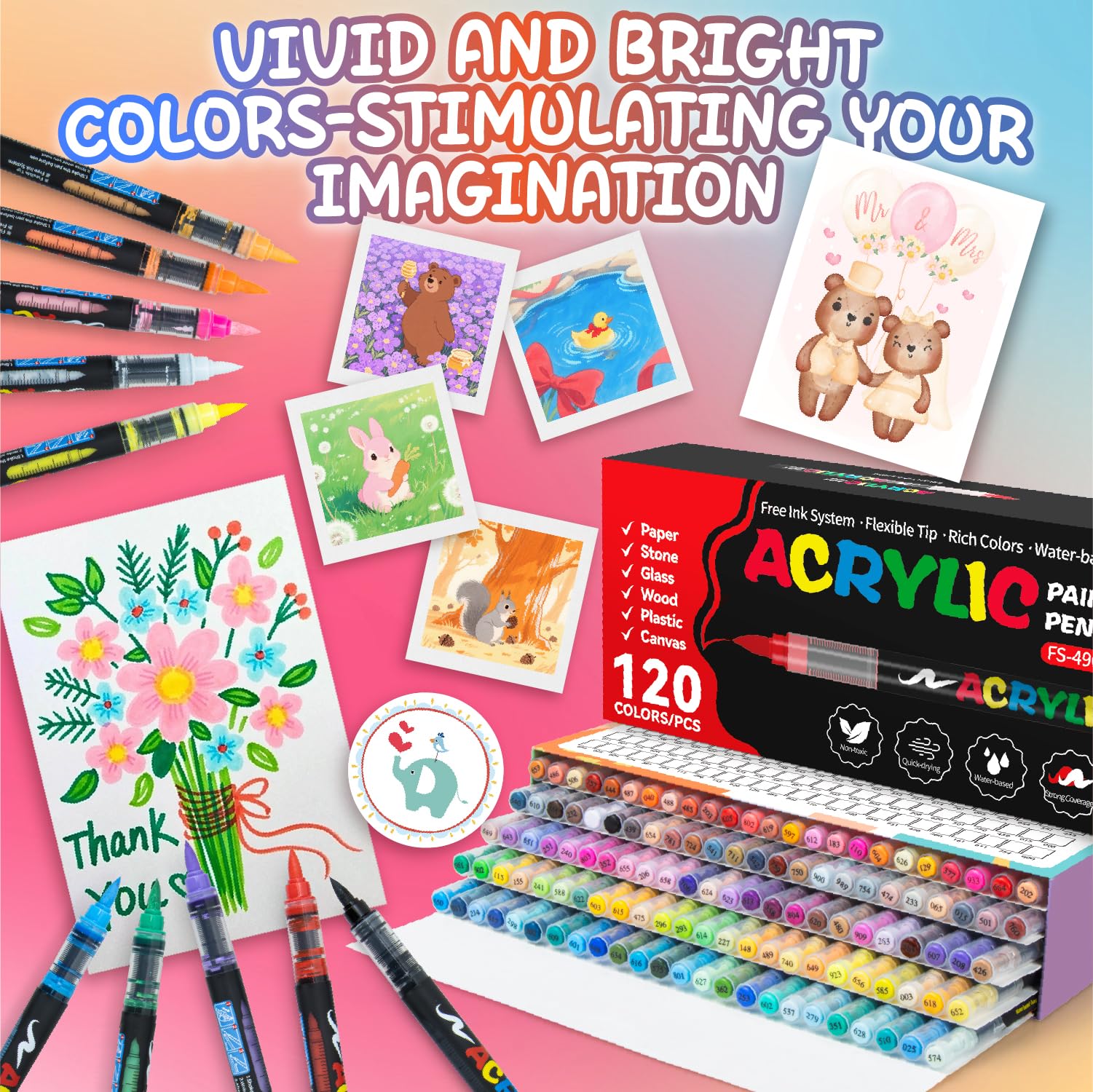 snookids 120 kolorowych pisaków akrylowych do kamieni, wodoodporne, szybkoschnące, akrylowe markery do drewna, płótna, tkaniny, szkła, metalu, papieru, ceramiki, jajek wielkanocnych, akrylowych, dla