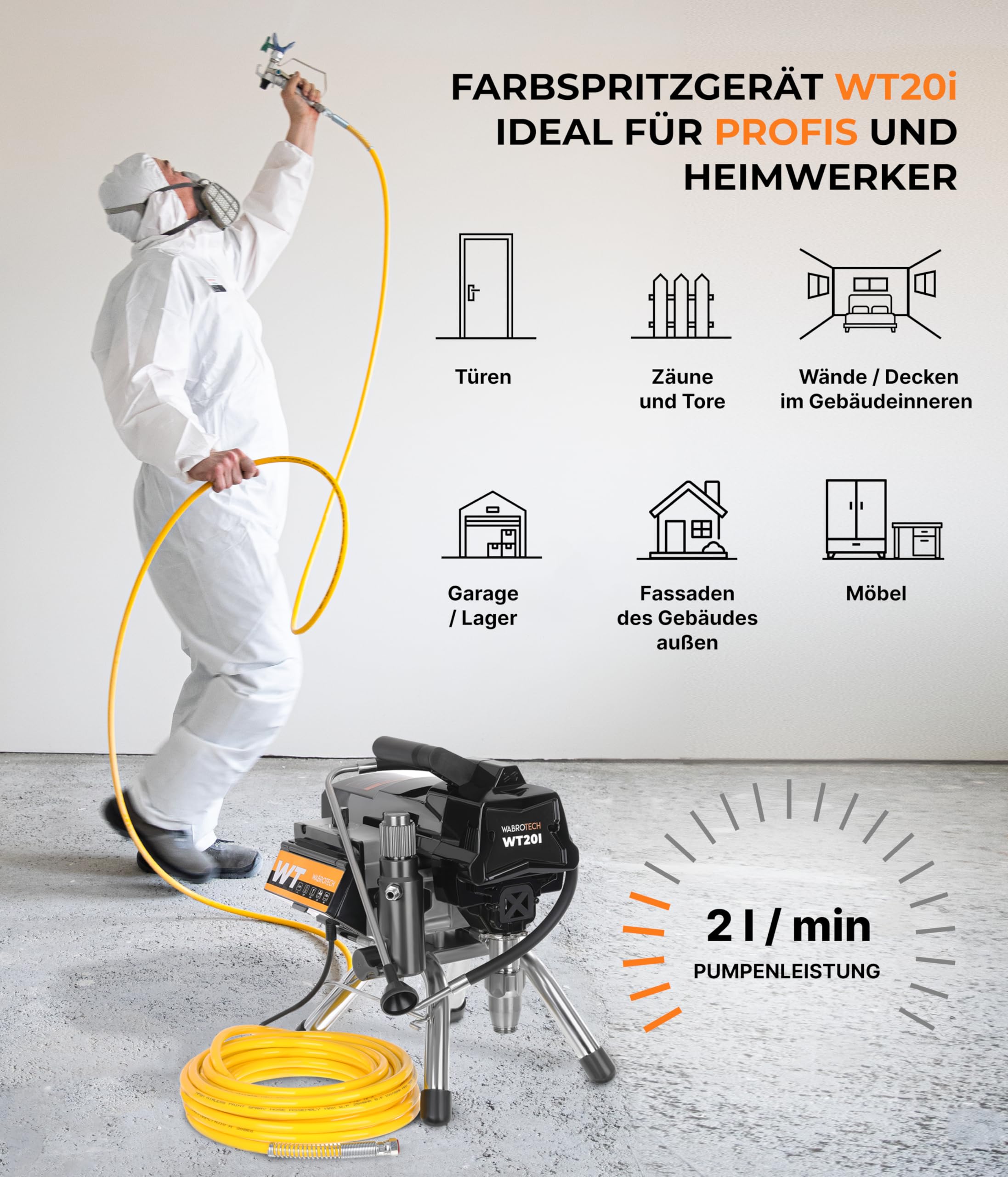 WT20i Farbsprühsystem Wandfarbe 1100 W - 210 Bar Hochdruck Airless Farbsprühgerät - Airless Spritzgerät 2 L/min - Farbspritzgerät 30000 m2/J - Lackierpistole mit Schlauch 15 m - 1/4"