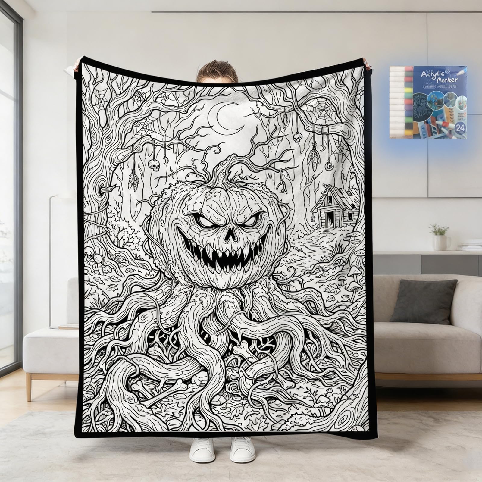 Halloween Washable Coloring Blanket Kit with 24 Markers Cozy Doodle Blanket