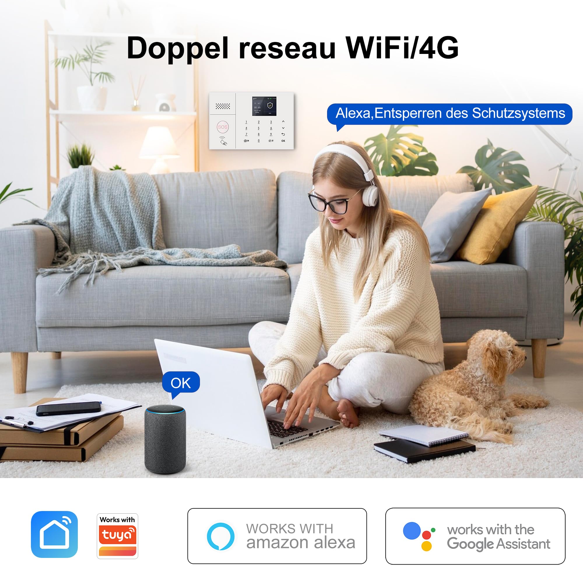 Alarmanlage Haus WLAN, Touchscreen, App-Steuerung– 13-teiliges Sicherheitssystem für Haus, Alarmsystem für zuhause mit Bewegungsmelder, Tür sensoren, Fernbedienungen, Alarmsirene