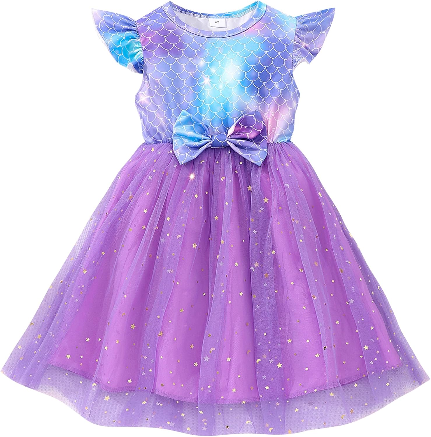 Toddler Baby Girls Tulle Dresses Crewneck Ruffle Sleeve Casual Tutu Mermaid Birthday Party Purple Dress for 3T