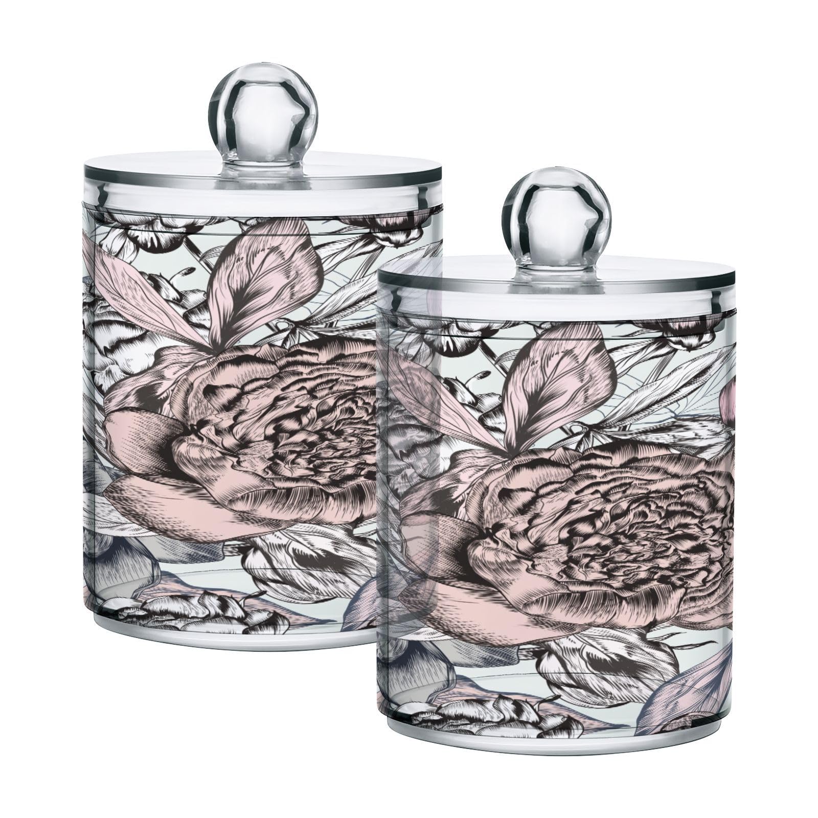 Fashion-peony-flowers-print Restroom Bathroom Organizers with Lid Qtip Holder Dispenser Apothecary Jars Cotton Balls Pads Swabs Holder Jar 4