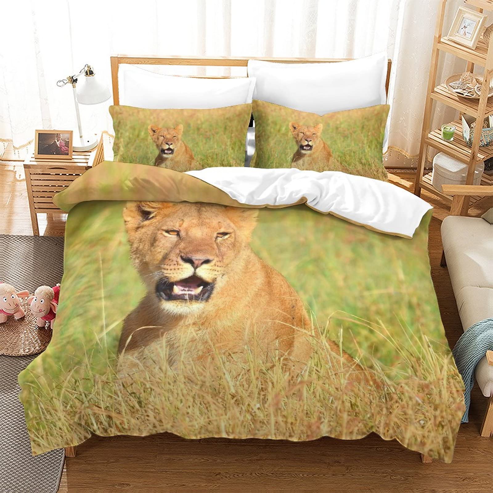 Housse de couette lion 3D King 220x240 cm avec 2 taies d'oreiller pour lit double