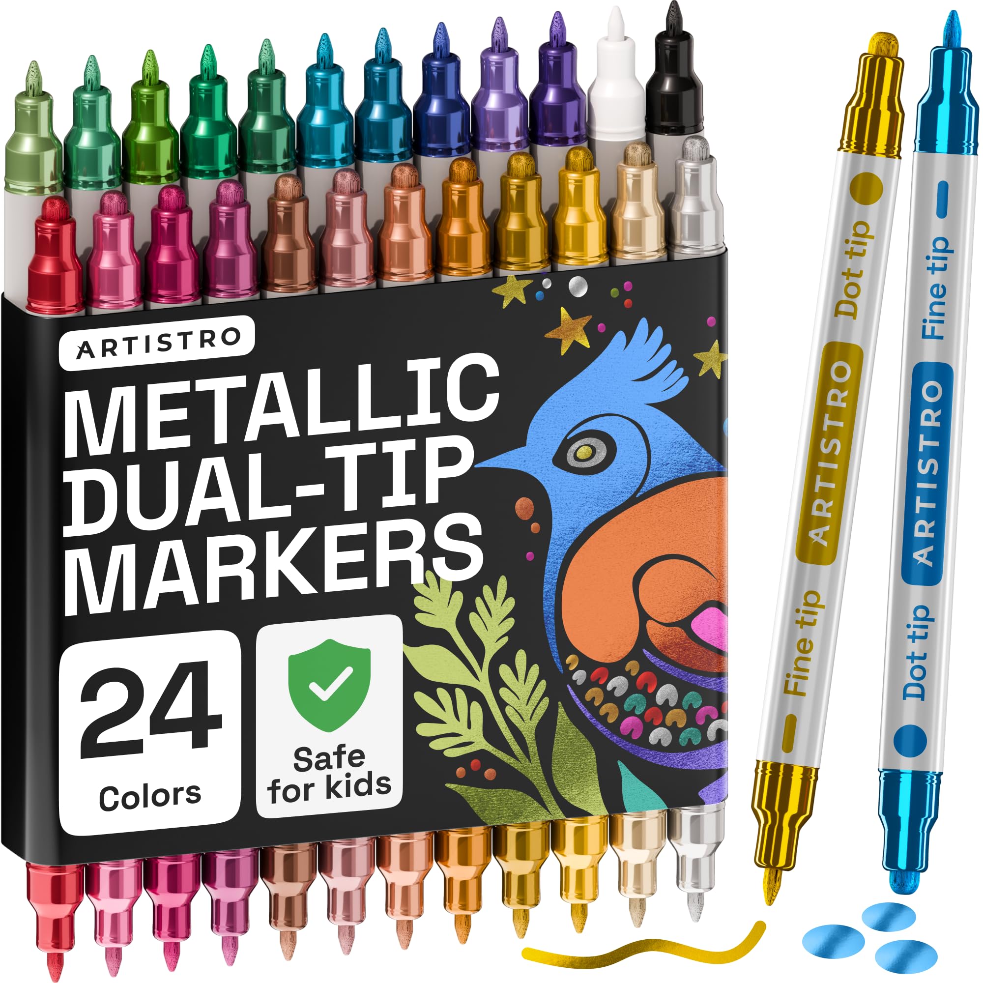 ARTISTRO 24 Metallic Dual-Tip Acrylic Paint Markers for Rock, Canvas, Glass, Wood, & More Fine + Dot Tips