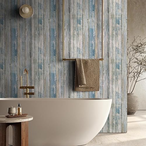 Miniatura 2 de Papel tapiz azul para despegar y pegar, papel de contacto azul, madera envejecida, película de vinilo extraíble autoadhesiva para armarios, paredes,