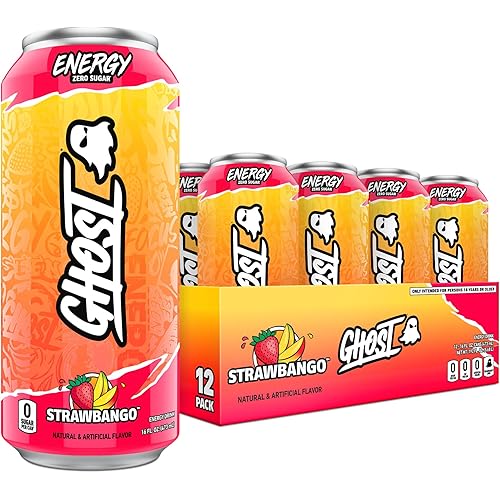 GHOST Energy Drink - 12-Pack, Strawbango, 16oz - Energy & Focus & No Artificial Colors - 200mg of Natural Caffeine, L-Carnitine & Taurine - Gluten-Free & Vegan