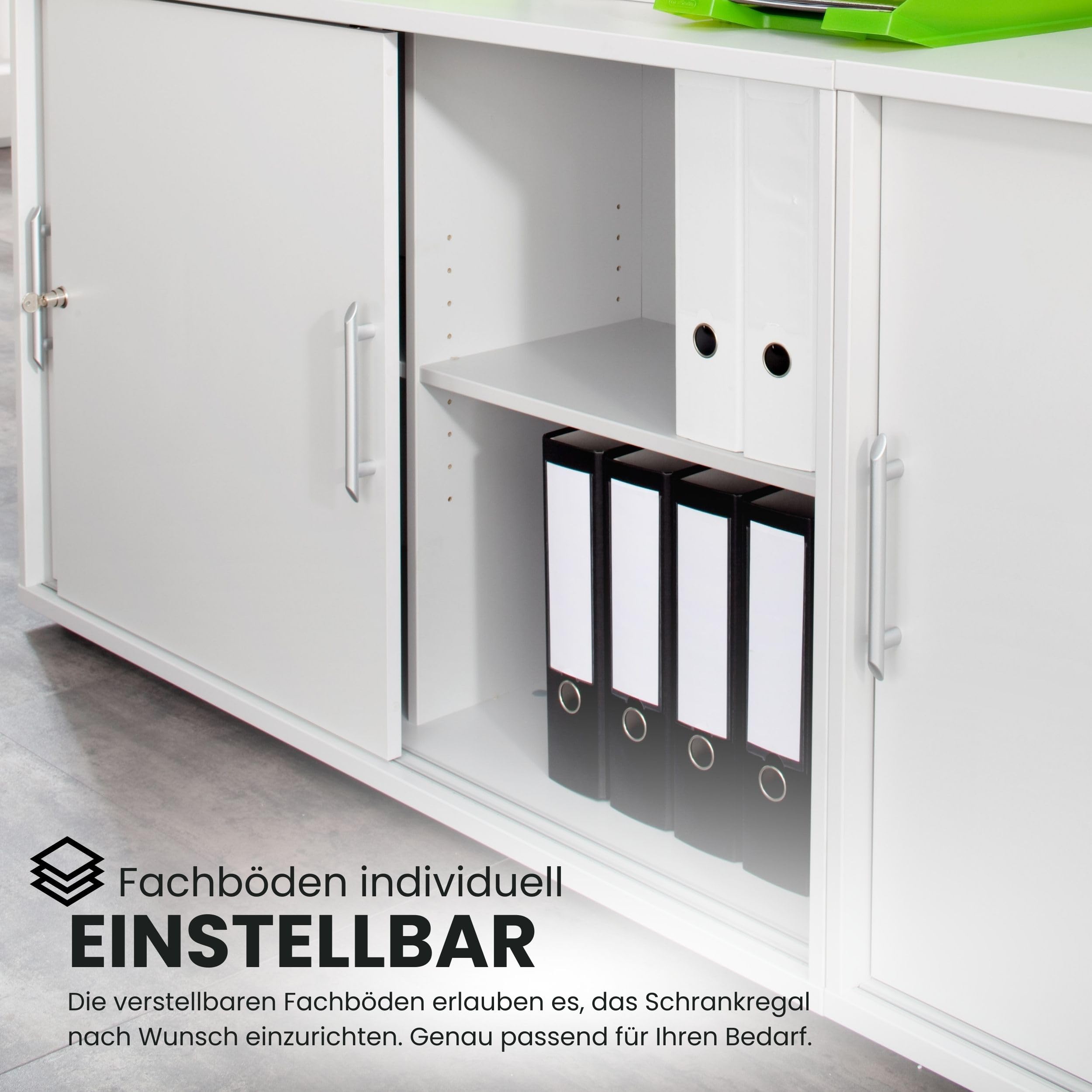 bümö Schiebetürenschrank 2OH Aktenschrank abschließbar Sideboard grau Büroschrank Holz Schiebetür Büro Kommode
