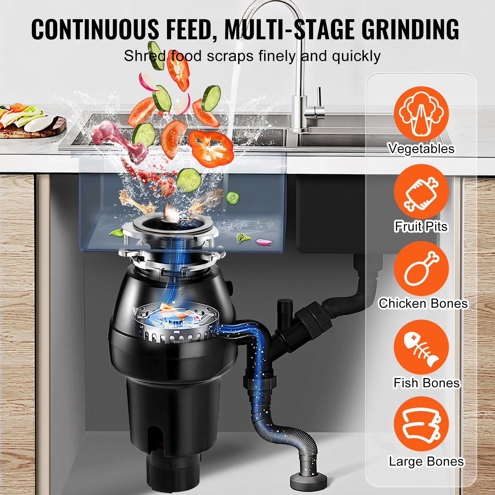 VEVOR Tritarifiuti per Lavello da Cucina, 0,559 kW, Sistema di Smaltimento Rifiuti Alimentari in Acciaio Inox, Montaggio 3 Bulloni, 3600 giri/min, con Cavo di Alimentazione, Paraspruzzi per la Casa