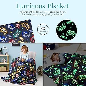 Joiedomi Glow in The Dark Gaming Blanket Gamer Gifts for Boys Age 2 3 4 5 6 7 8 9 10 11 12 Year Old, Soft Cozy Flannel Kids Throw Blanket, Birthday Bedroom Decor Grey 50"60"