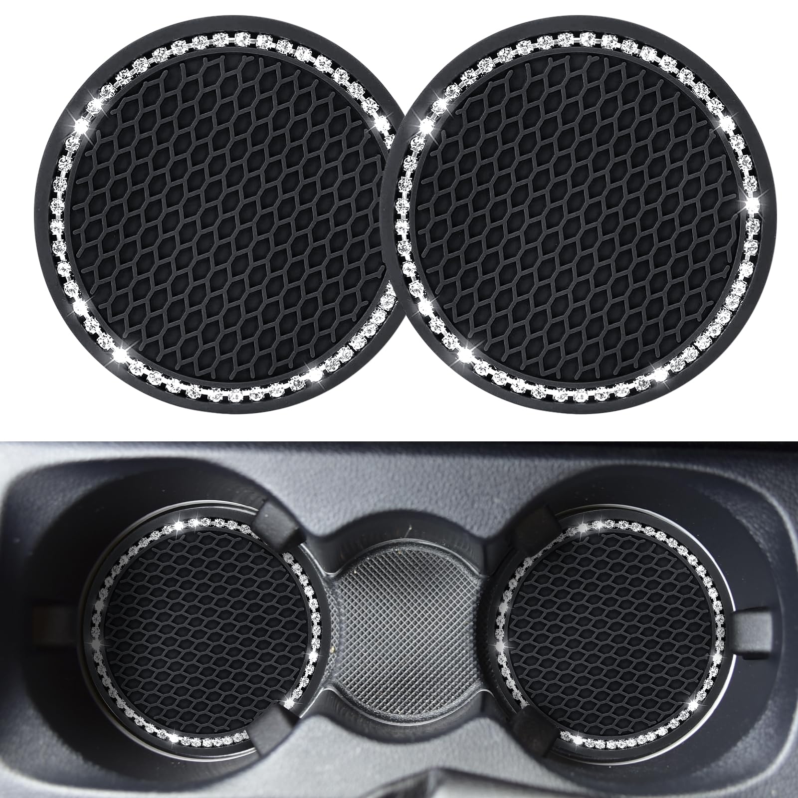 Car Cup Holder Coaster(2PCS), Car Cup Coasters, Anti Slip Cars Cup Holder Insert with Crystal Rhinestone, Universal Car decorations