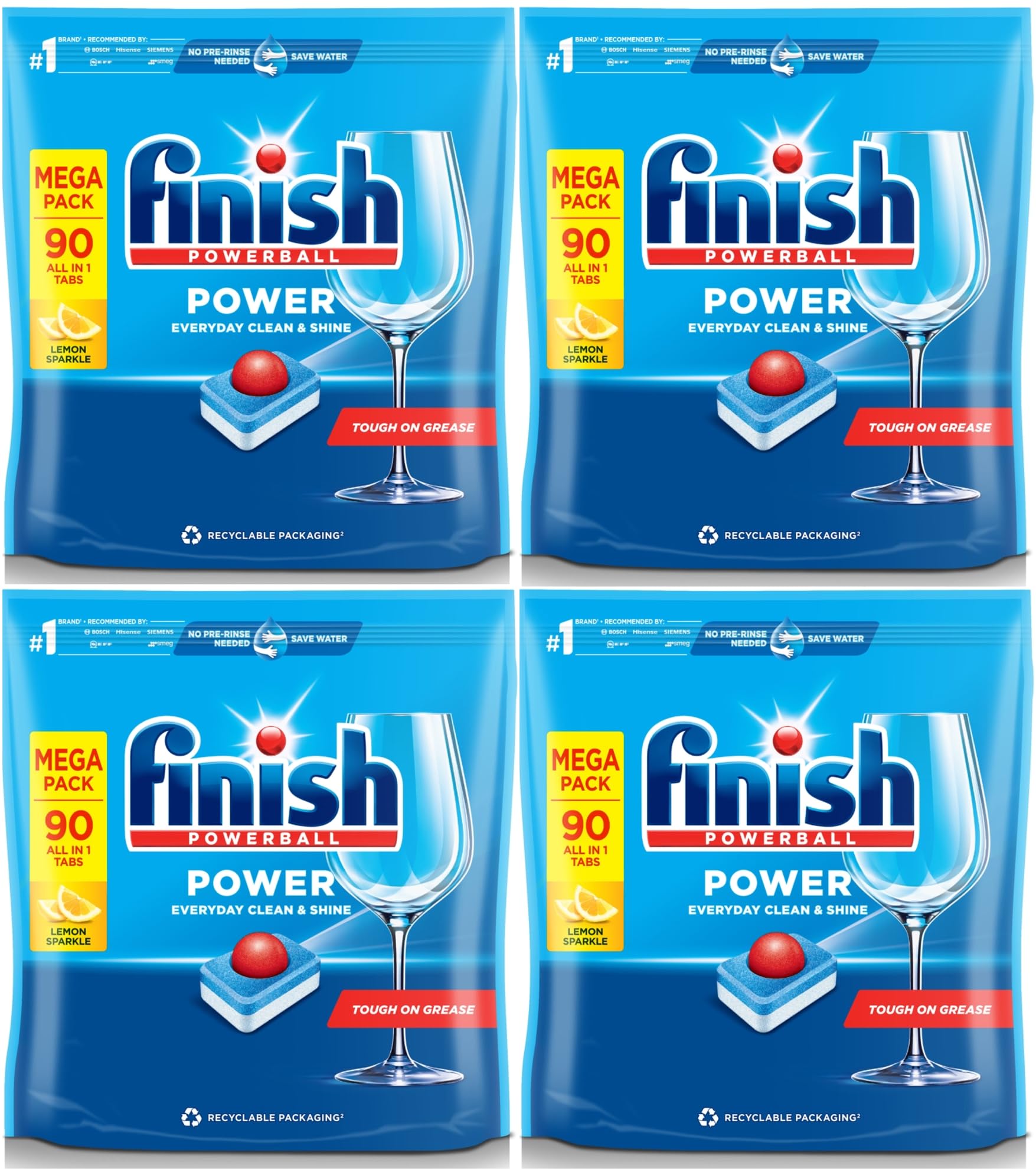 Finish Max All in 1 Powerball, Lemon Sparkle, 90 Tabs (Pack of 4)