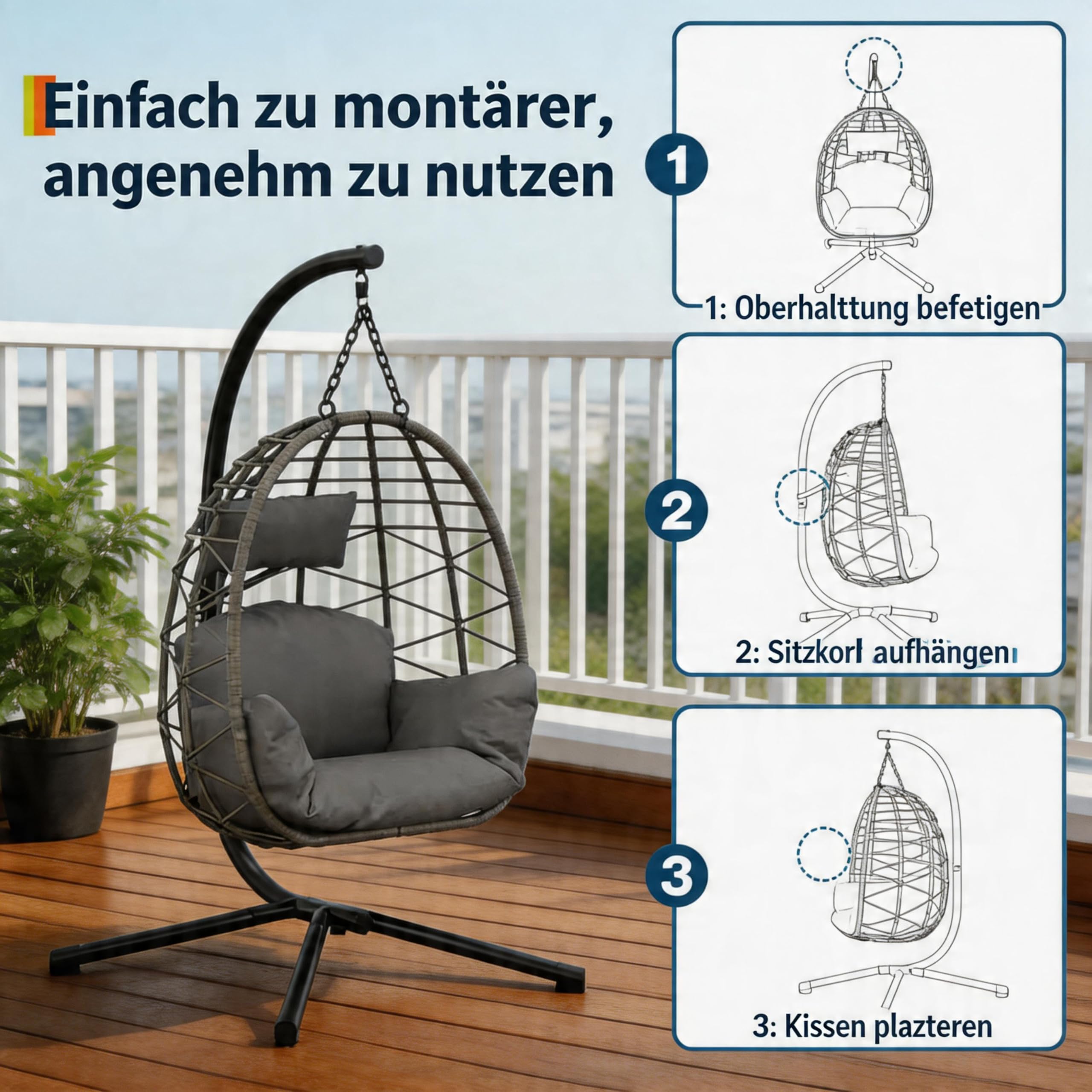 Hängesessel mit Gestell, Grau | Maximale Tragkraft 165 kg, Rattan Gestell, Dicke Kissen, Für Indoor Outdoor, Ideal für Wohnzimmer, Balkon und Garten