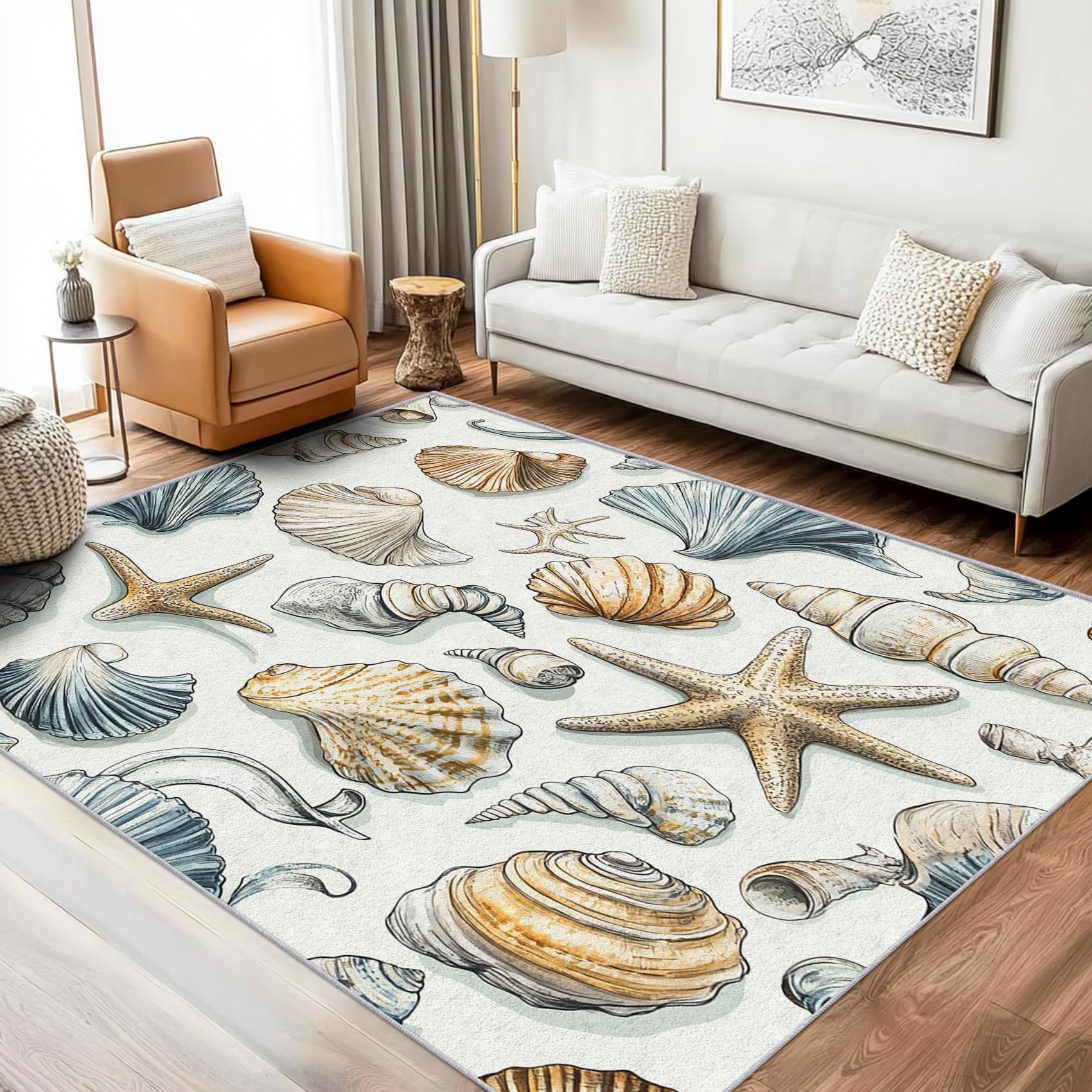 ZDABAOEC Coastal Rugs Living Room - Starfish Shell Rugs for Bedroom, Marine Life Carpet, Washable Non Slip Large Rug, Soft Low Pile Patterned Area Rug & Home Decor & Gifts, 200 x 290cm