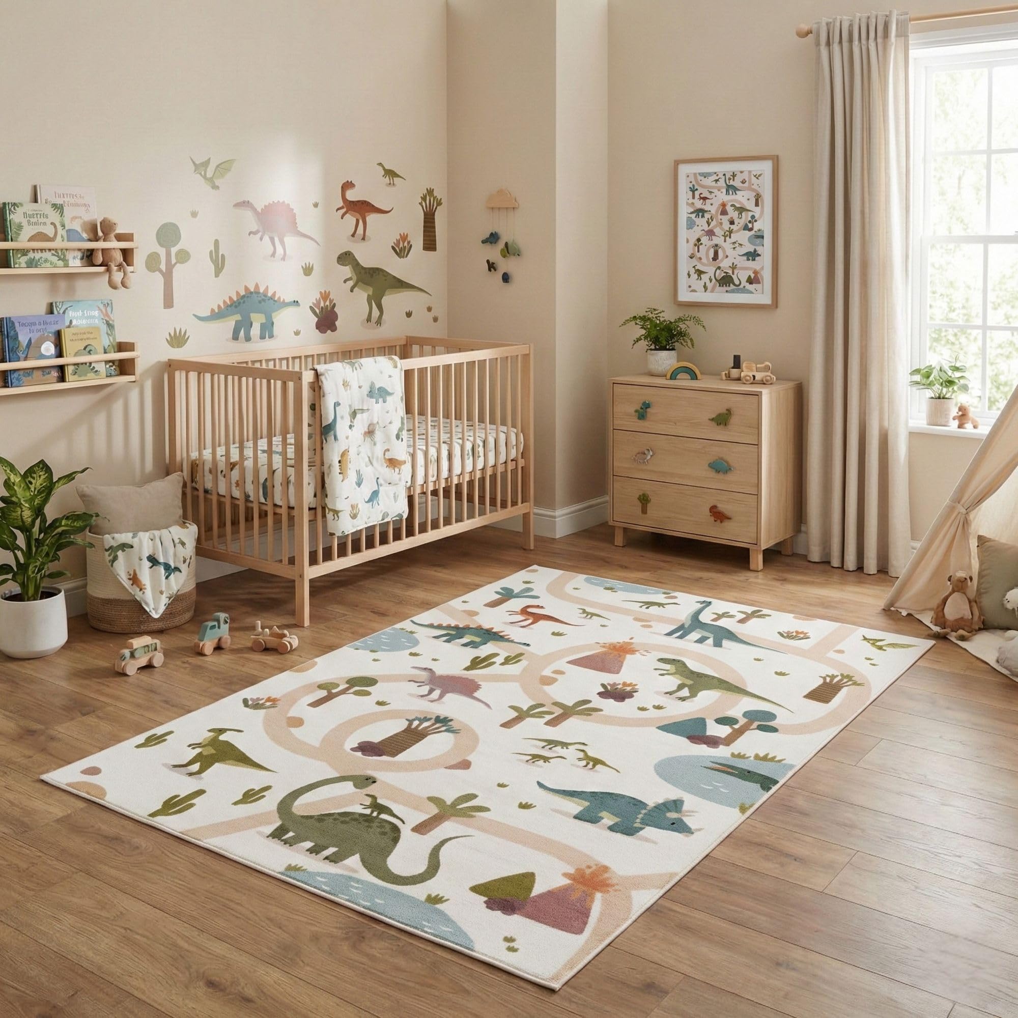 Carpetsale24 Kinderteppich Dinosaurier Spielteppich für Kinderzimmer in Creme Dino Motiv mit Straßen Größe 140x200 cm für großzügige Spielflächen