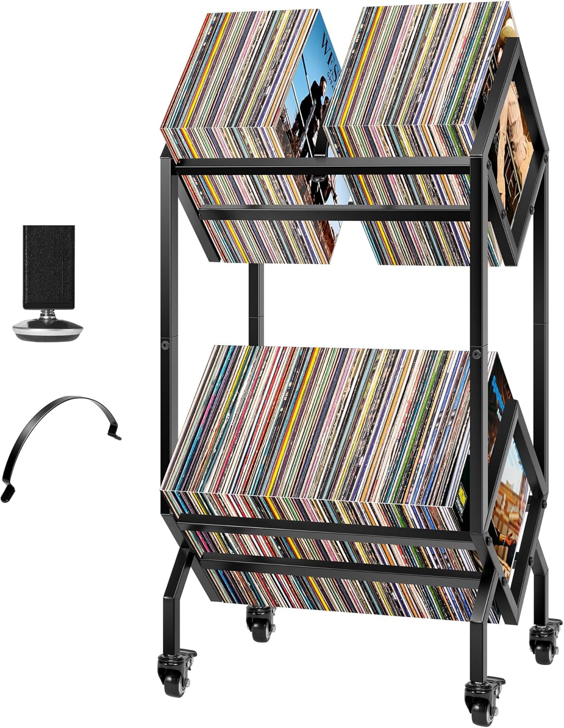 VIVOHOME Vinyl Record Storage Rack, 2 Tier Record Organizer 100-200 LP Holder Display Stand for Albums, Magazines, Books, Office Files w/Caster
