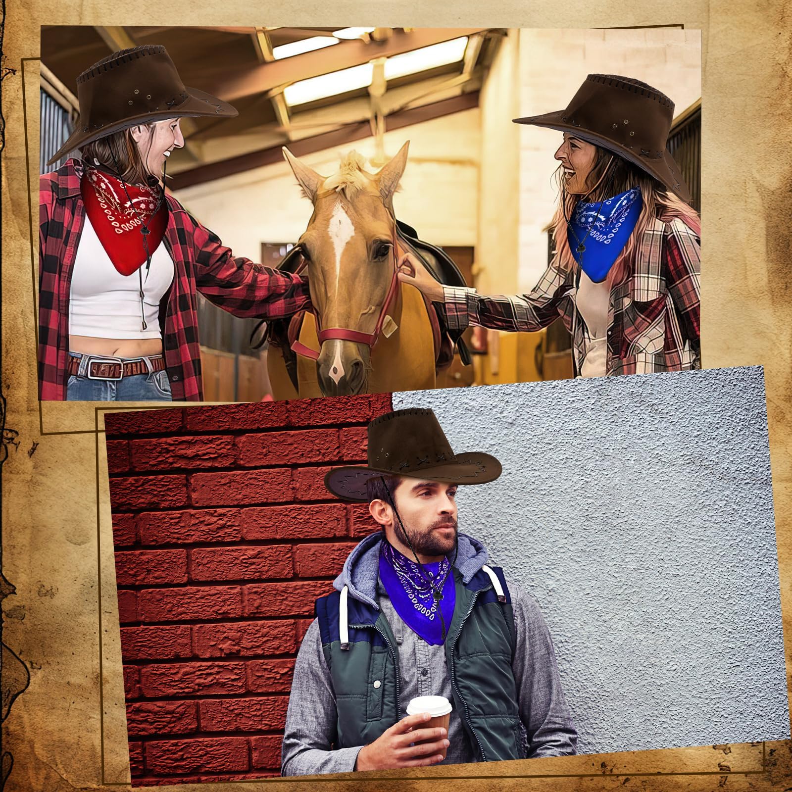 Set di 24 cappelli da cowboy per adulti – Cappello western con tesa larga in finta pelle scamosciata, cappello da cowboy, set da festa con 12 bandane e cordoncino regolabile per uomini e donne
