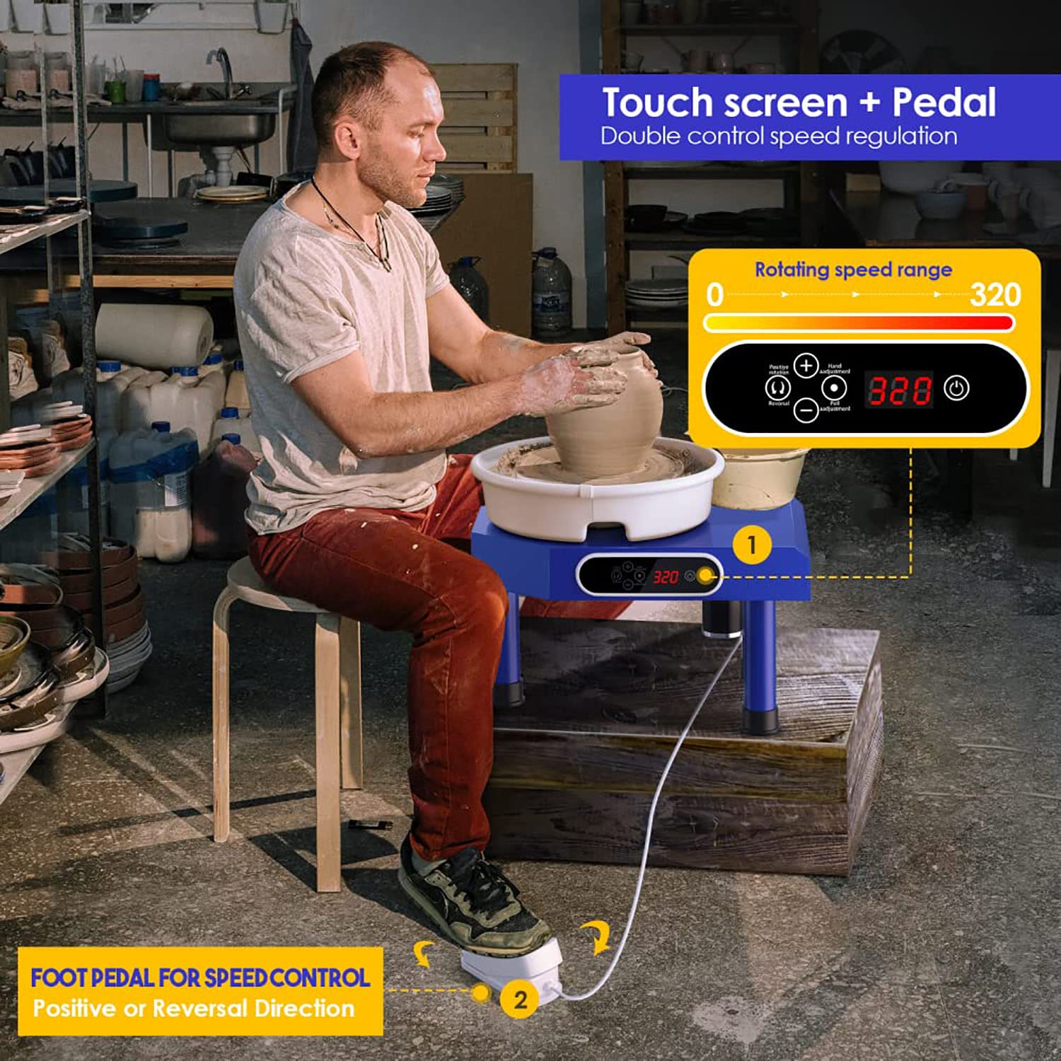 Elektryczne koło garncarskie z rysikiem kulkowym, 9,8-calowe koło gliniane, ceramiczny miotacz kół ceramicznych, pedał nożny, ekran dotykowy LCD, z 12 narzędziami do rzeźbienia w glinie (Red)