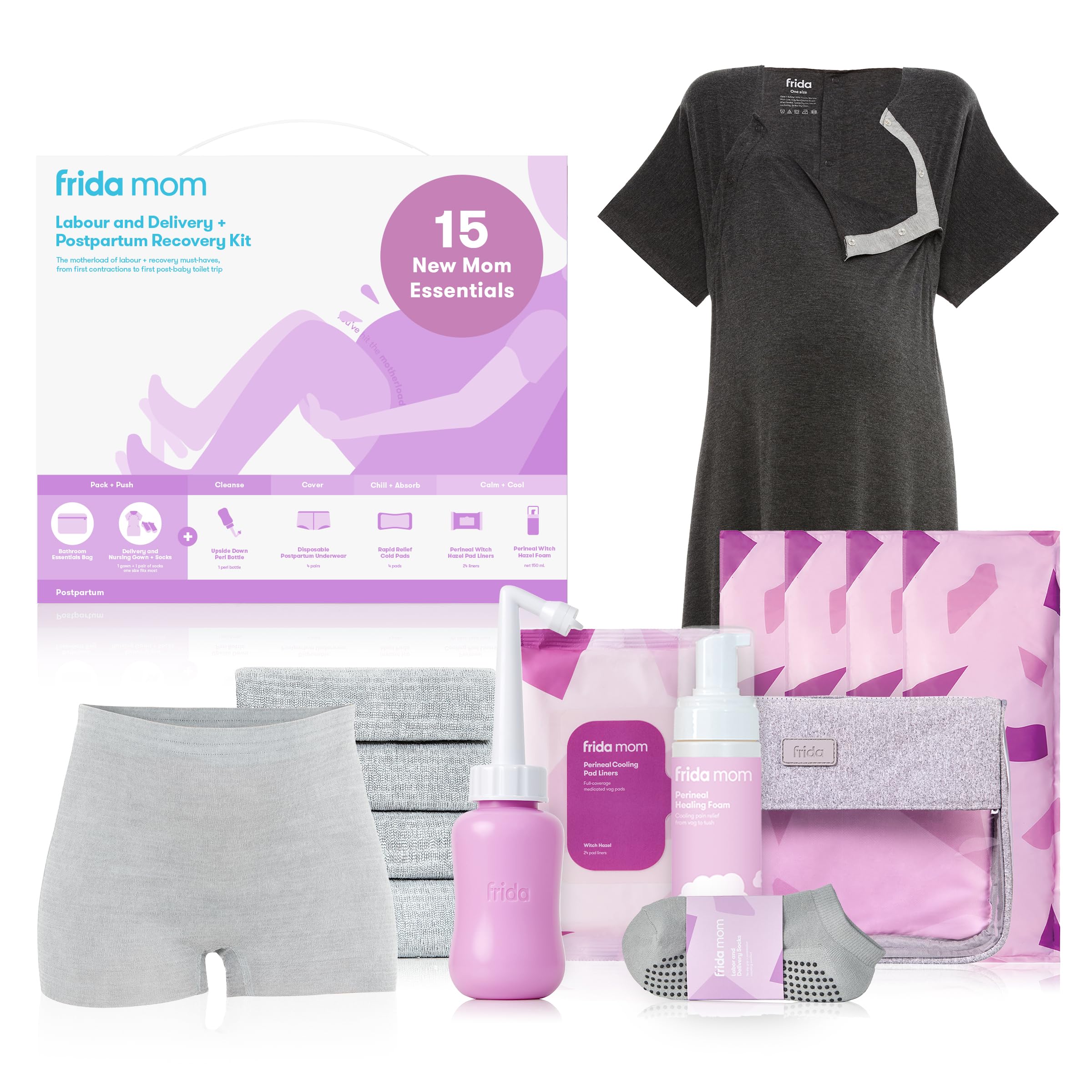 Postpartum Recovery Essentials Kit + Labour and Delivery Hospital Kit - 7 Different Sets, Postpartum Underwear + Cool Pads + Peri Bottle + Nursing Gown + Socks + Cool pad liners & Hazel foam