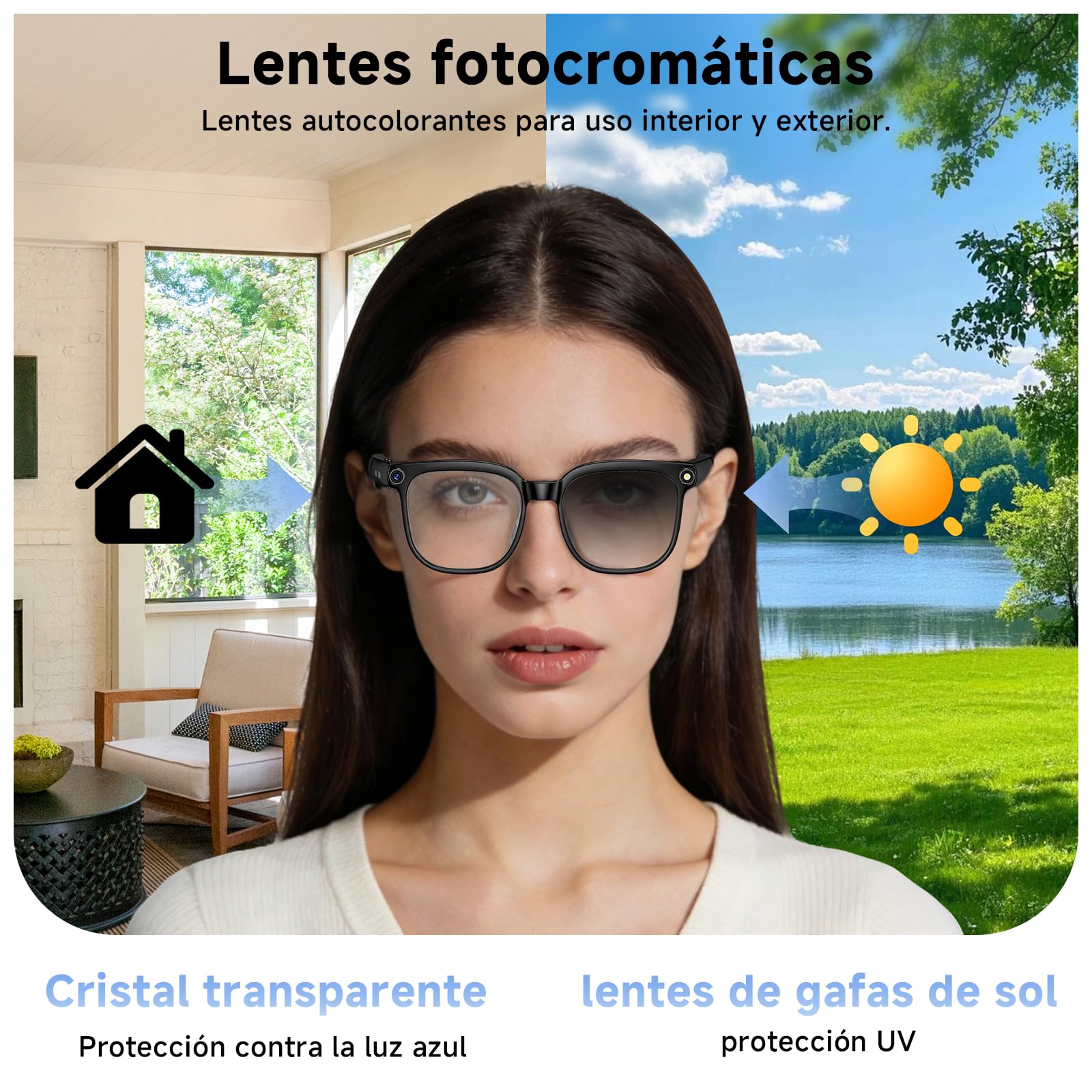 Gafas Inteligentes IA, Smart Glasses con Camara 4K, Dos Pares de Lentes, vídeo HD 1080p y Grabación de Audio con Estabilización de Imagen, Reproducción de Música y Traducción en Tiempo Real