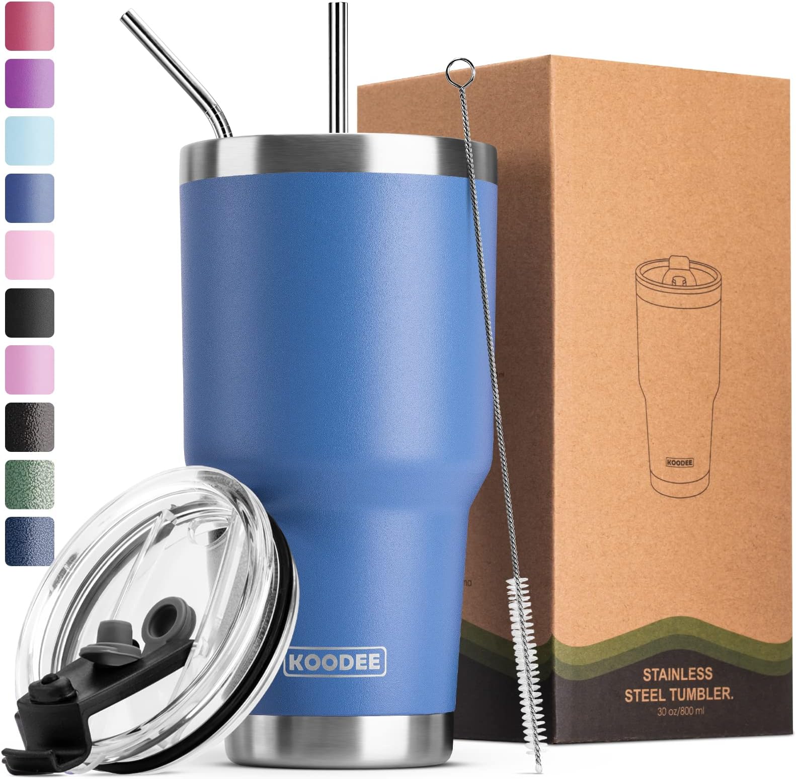 koodee30 oz Tumbler Stainless Steel Double Wall Vacuum Insulated Travel Coffee Tumbler Cup with 2 Straws, 1 Lids and Brush (Royal Blue)