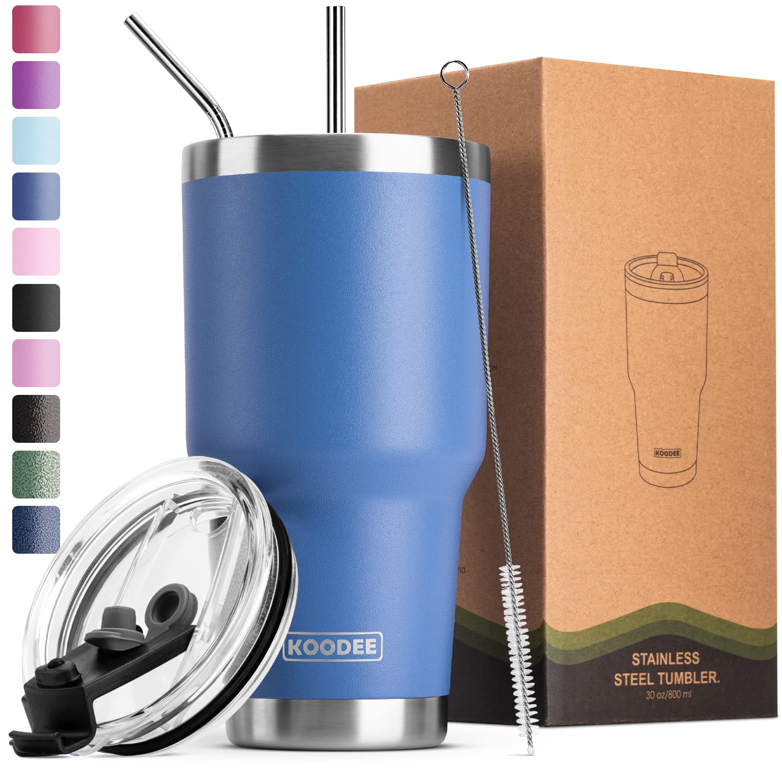 koodee30 oz Tumbler Stainless Steel Double Wall Vacuum Insulated Travel Coffee Tumbler Cup with 2 Straws, 1 Lids and Brush (Royal Blue)