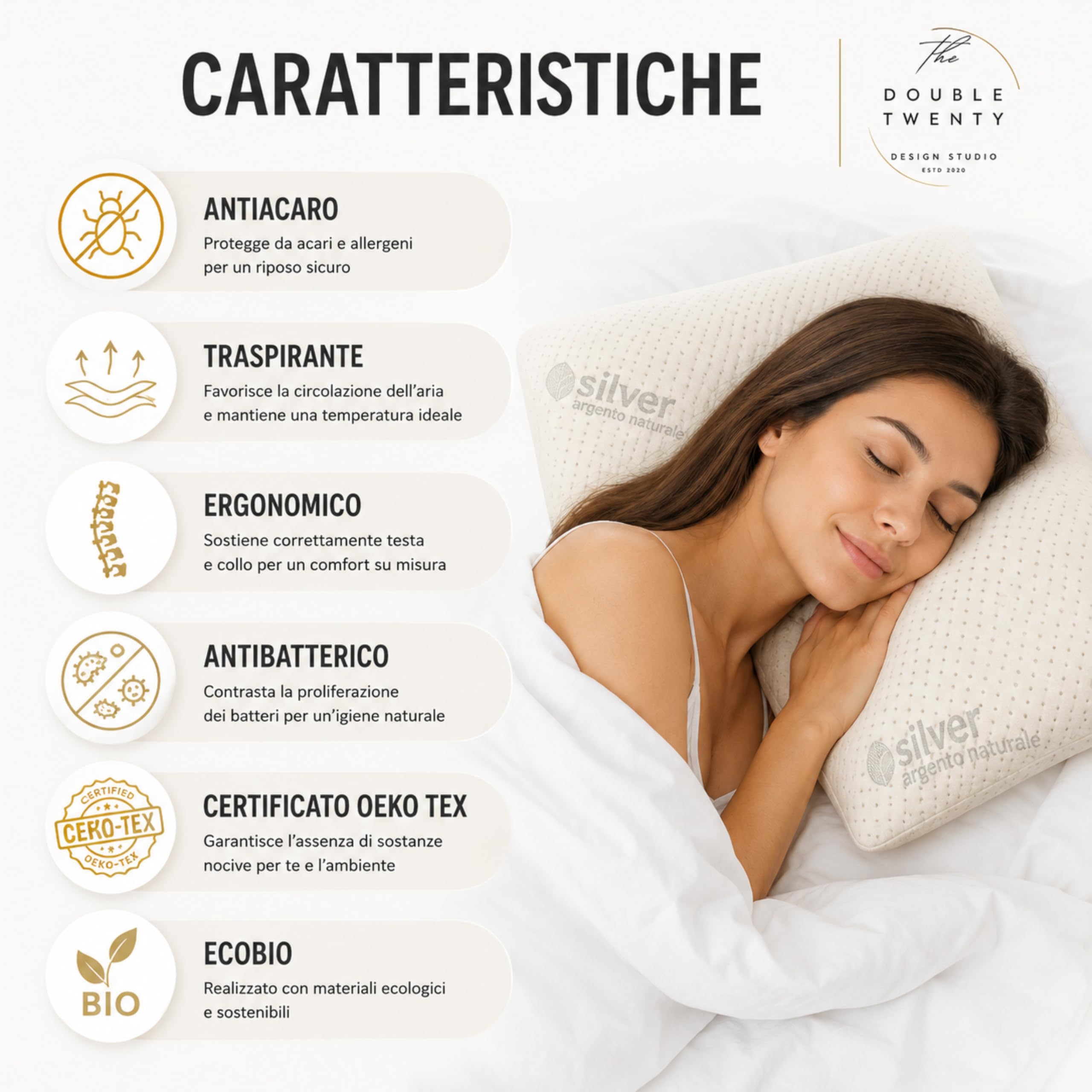 The Double Twenty Cuscino Antirussamento in Memory Foam | Alto 18cm | Antireflusso | Ergonomico e Traspirante | Supporto Ottimale per Collo e Cervicale | Fodera Ipoallergenica in Argento Naturale |