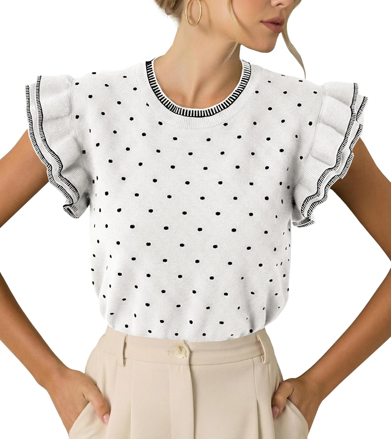 Saodimallsu Womens Ruffle Short Sleeve Sweaters Polka Dots Casual Crew Neck Flutter Sleeve Knit Summer Tops