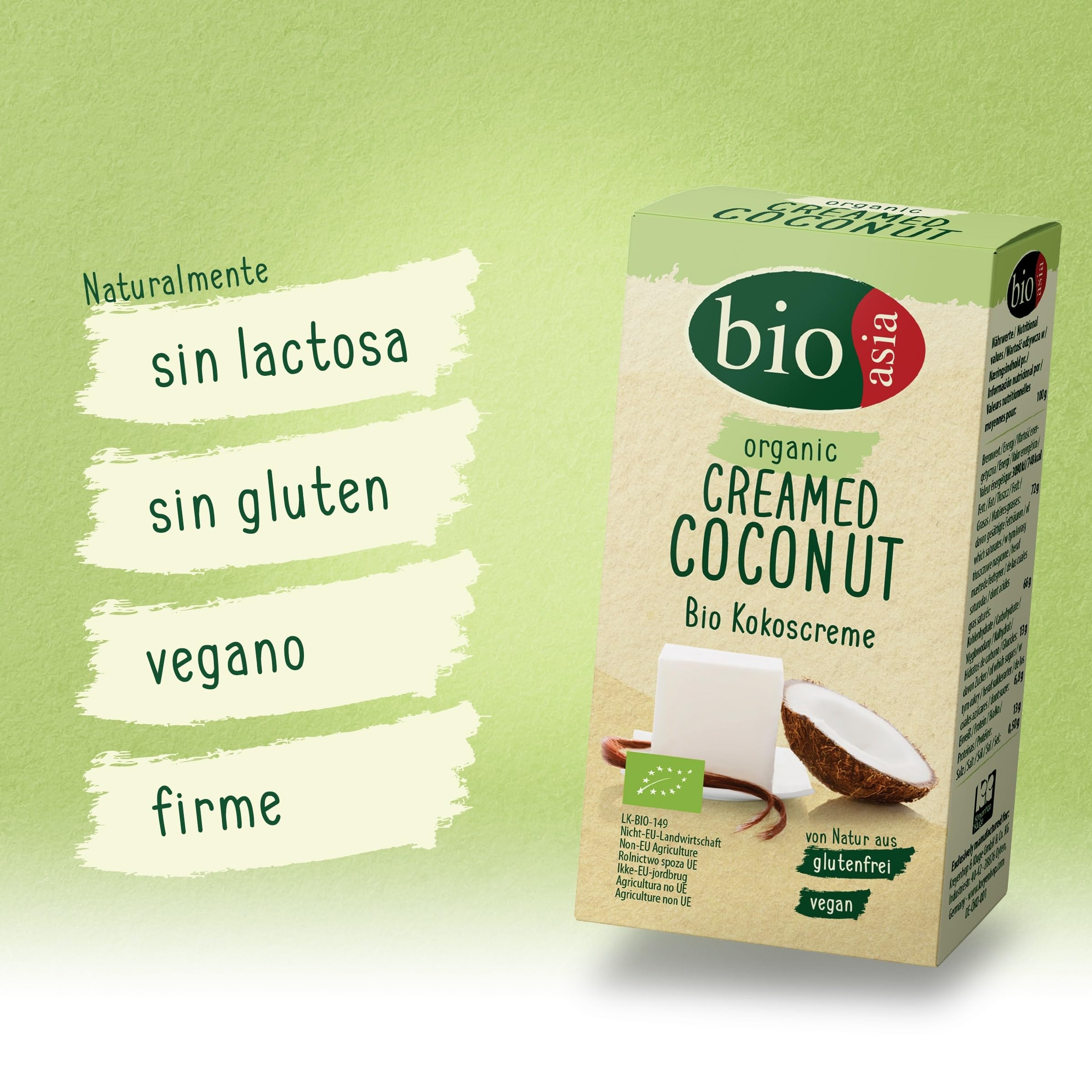 BIOASIA Crema de coco ecológico en bloque, consistente, hecha de 100 % coco para realzar platos, vegana, halal, sin gluten, 1 x 200 g