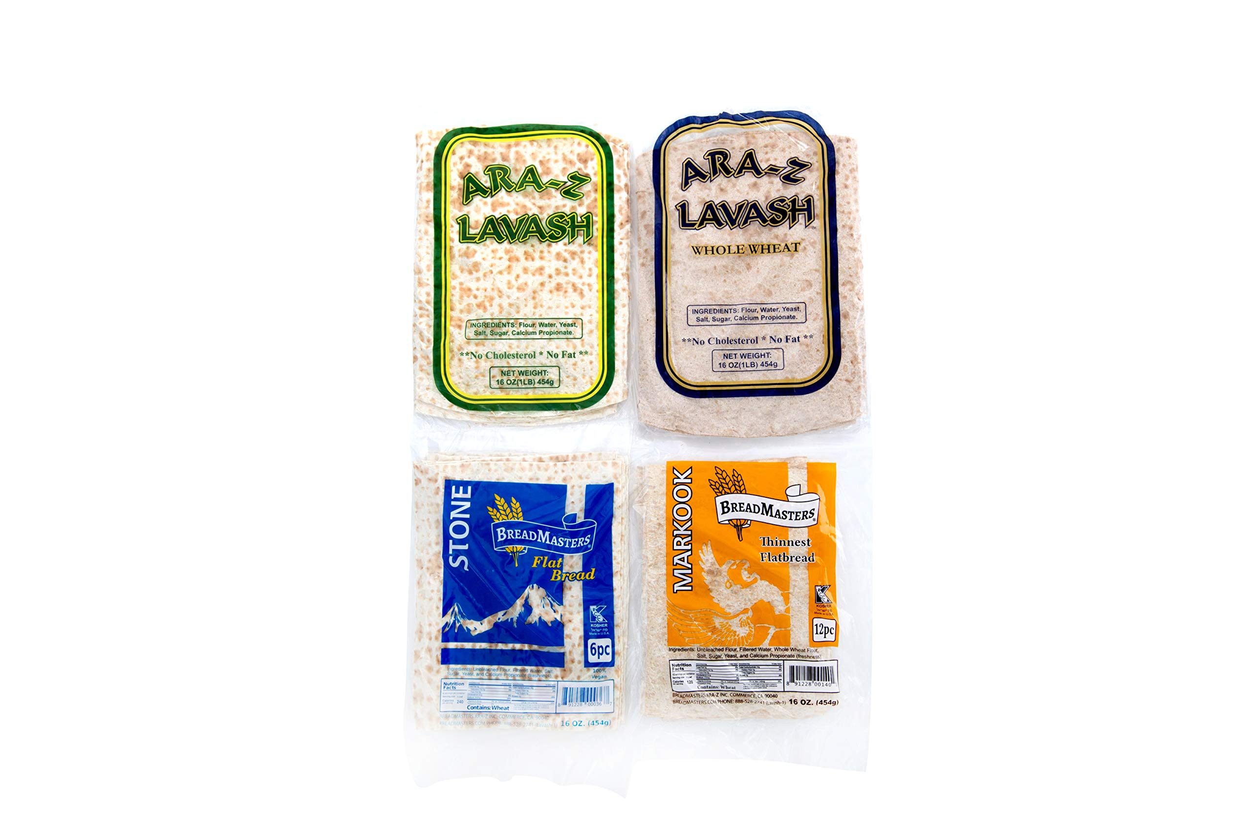 Breadmasters Variety Pack. Markook (Thinnest Flatbread), ARA-Z Lavash Flatbread, Stone Lavash Flatbread, ARA-Z Whole Wheat (1 Pack Each)