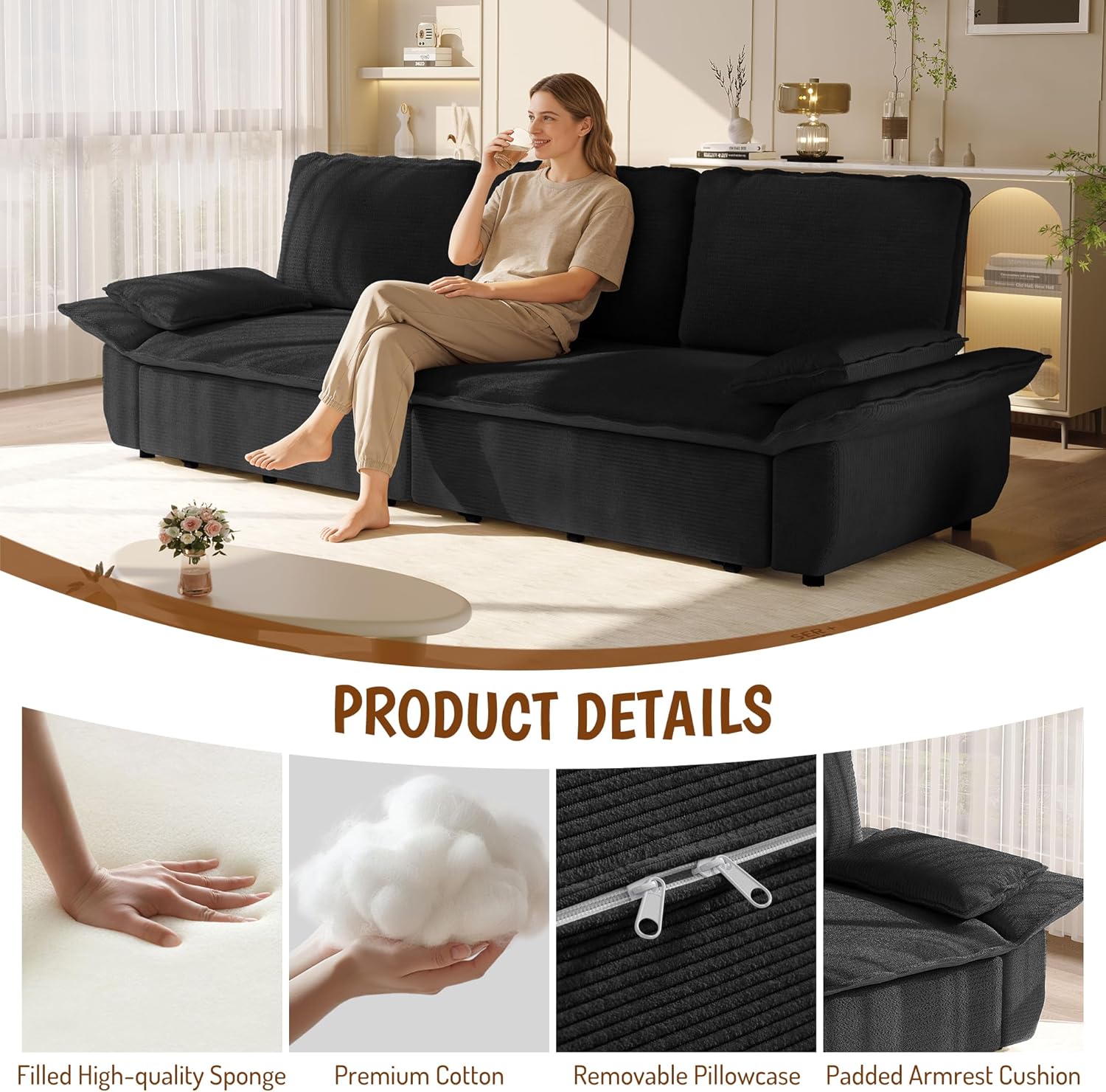 94.5'' Sleeper Sofa Bed King Size, Modern Corduroy Pull Out Couch, 3-in-1 Convertible Futon Sofa, 3 Seater Couches, Cloud Recliner, Pillow Arm, for Living Room, Apartment, Offices, Black