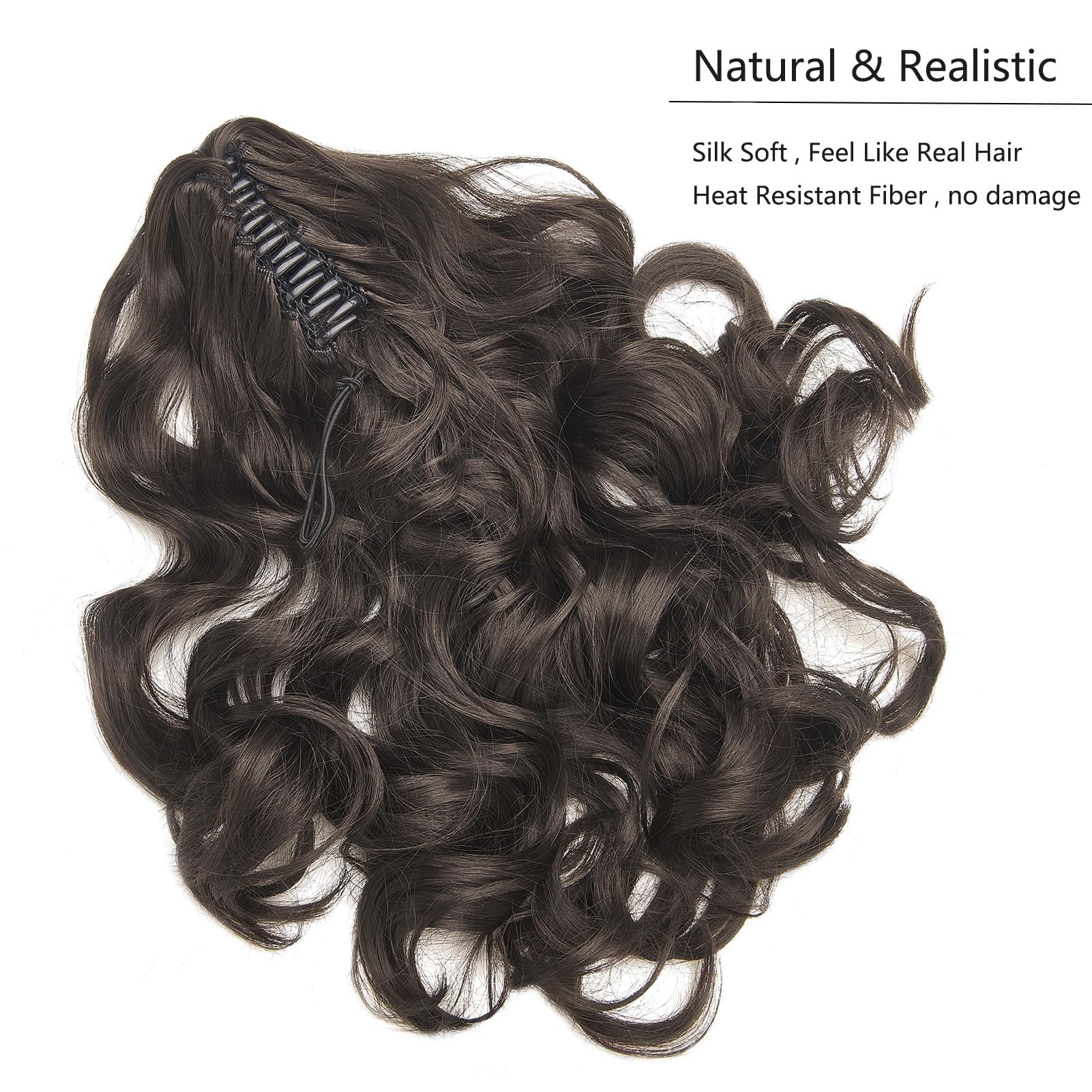 Cybelleza Ponytail Extension Curly Wavy Claw Jaw Pony Tail 18" One Piece Clip in Hair Extensions Ponytail Hairpiece Synthetic Long Natural for Women Medium Brown - Image 3