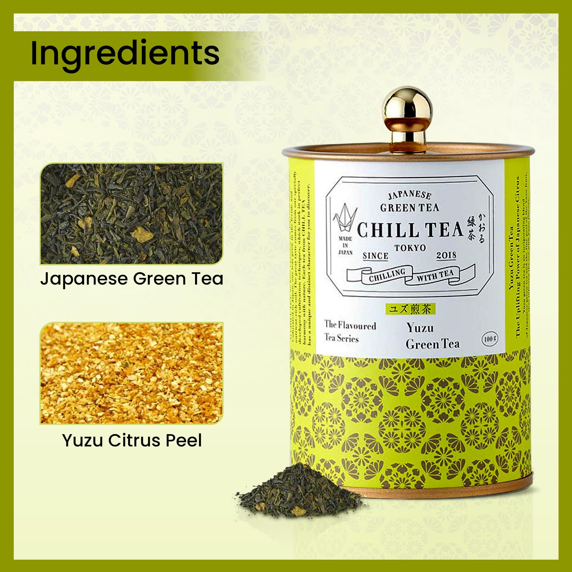 Tè verde agli agrumi Yuzu di CHILL TEA Tokyo - Tè verde 100% giapponese a foglie sfuse con agrumi giapponesi - Sapore fresco e fruttato (100g)
