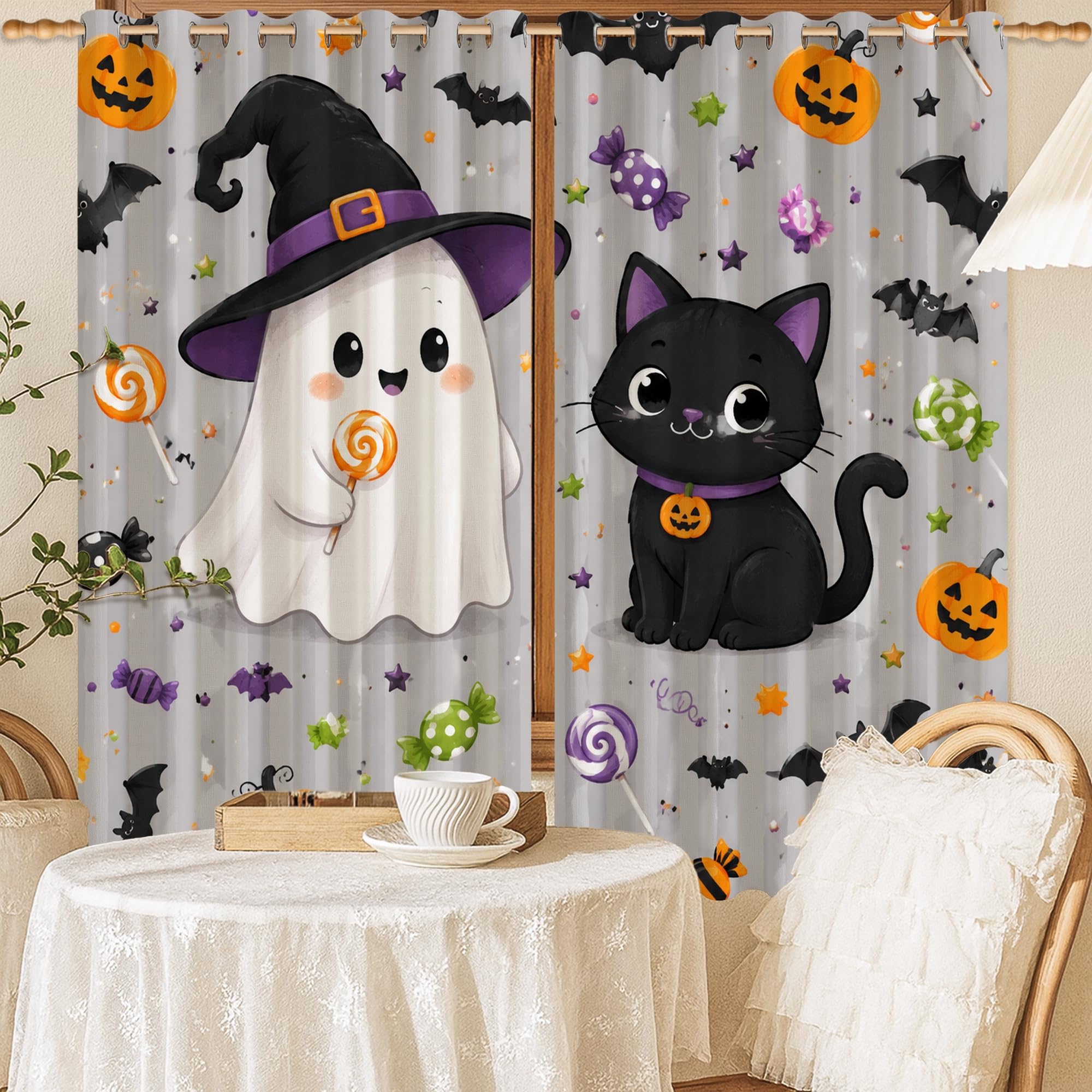Rideaux occultants Halloween chat et citrouille 132x137cm