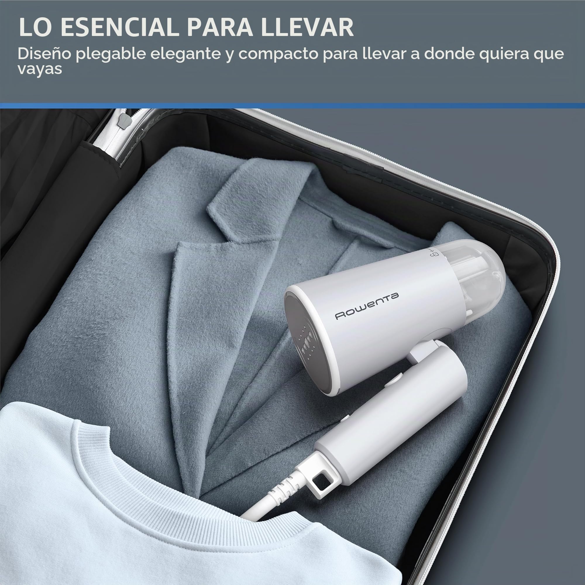 Rowenta, vaporizador para ropa, vaporizador de mano de viaje, capacidad de tanque de 2.2 onzas, plegable, fácil de vapor, 1100 vatios, planchado, vaporizador de ropa gris, esenciales para día festivo,