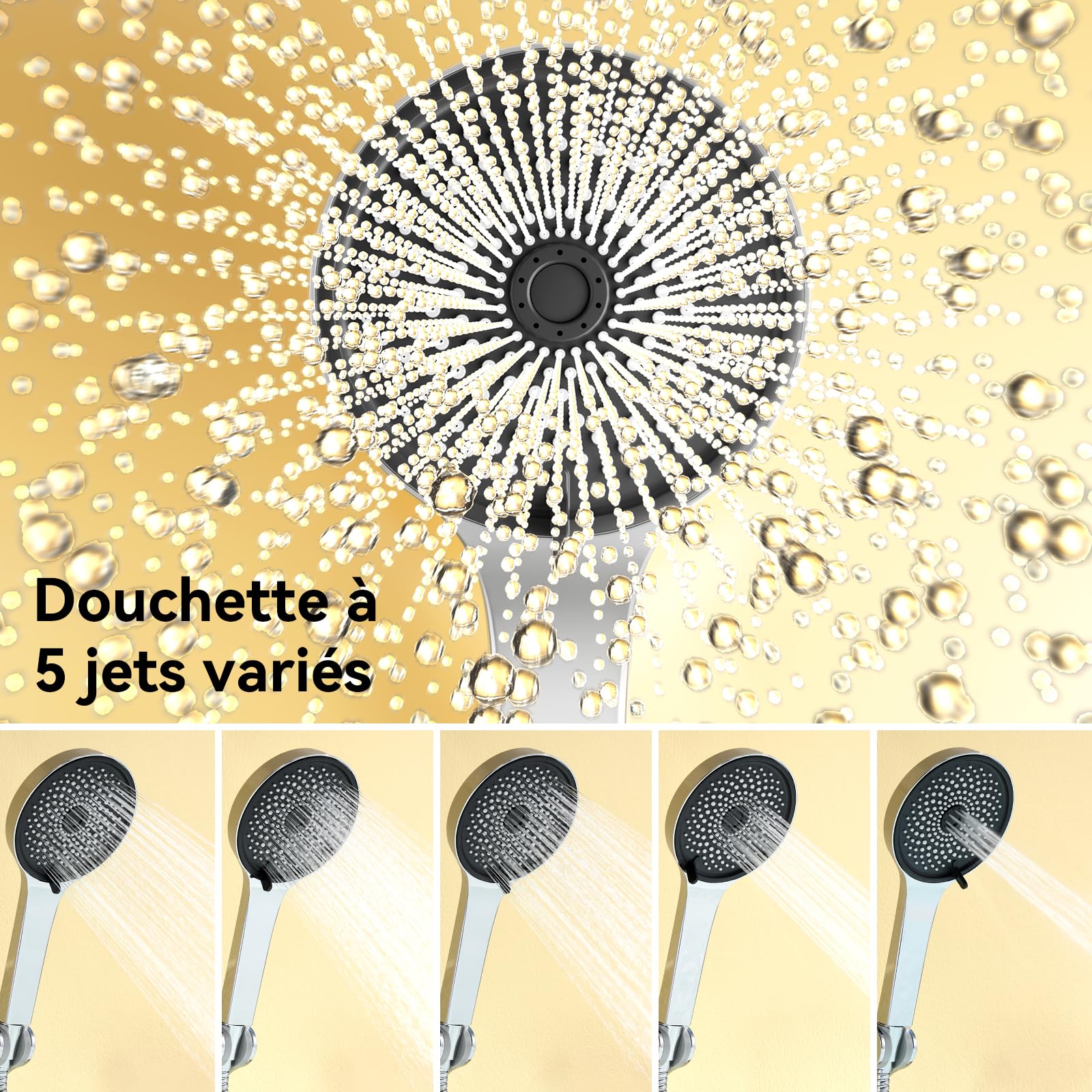 Auralum Mitigeur de Douche et Bain en Laiton Chrome - Robinet avec Bec Cascade Orientable, Douchette 5 Jets, Flexible Inox 1.5m et Tablette de Rangement Intégrée, Système de Douche de Rénovation