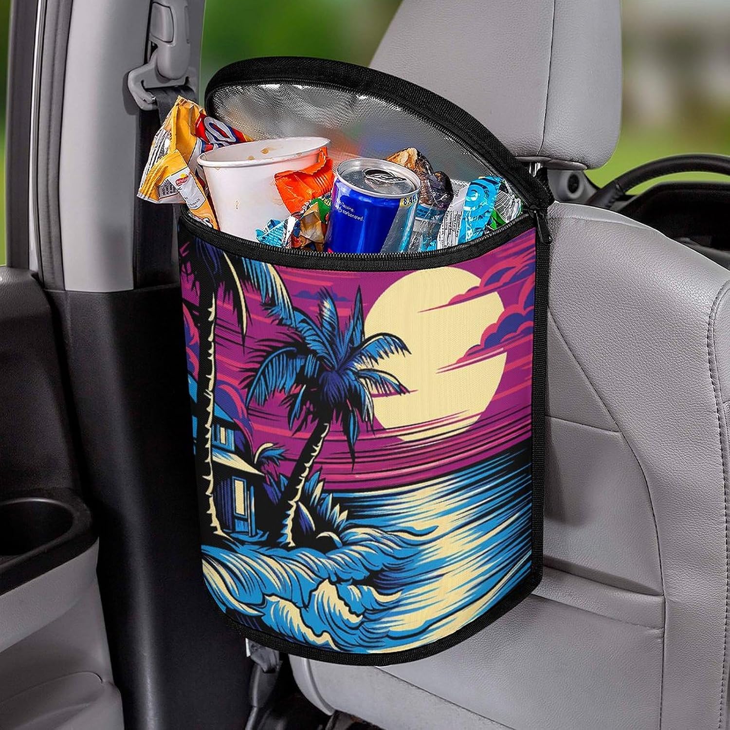 Palm Trees and Water Car Trash Can Bin Bag Waterproof Car Garbage Can Bag Trash Can for Car Car Trash Can for Women Men Garbage Can for Car Car Trash Can with Lid Trash for Car Trucks Rvs