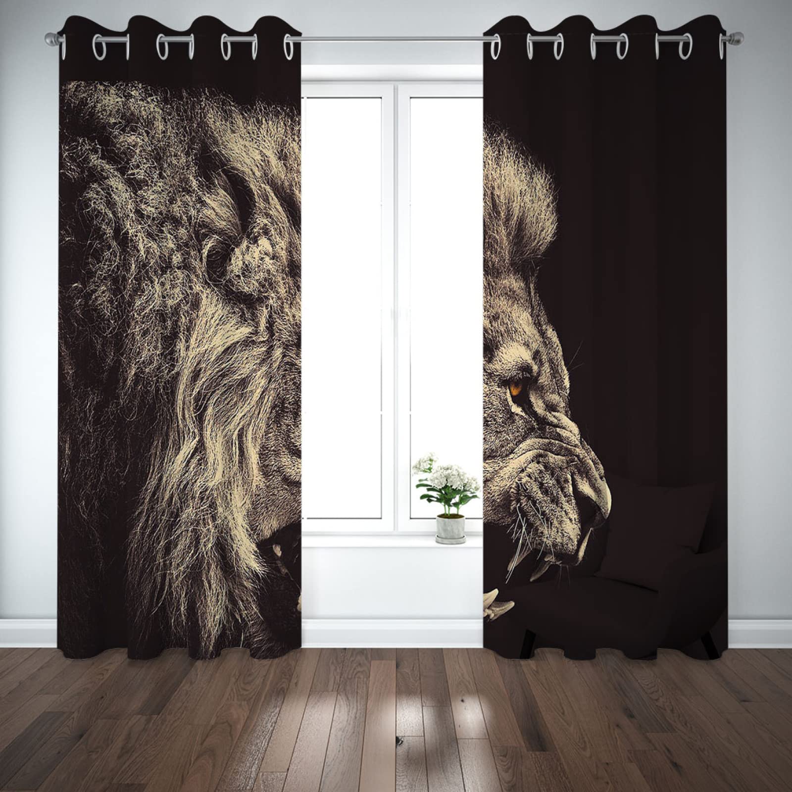 Tende Oscuranti Con Stampa 3D Leone Grigio - 2 Pannelli 150x166 Cm Con Occhielli, Isolanti Termici E Acustici - 2