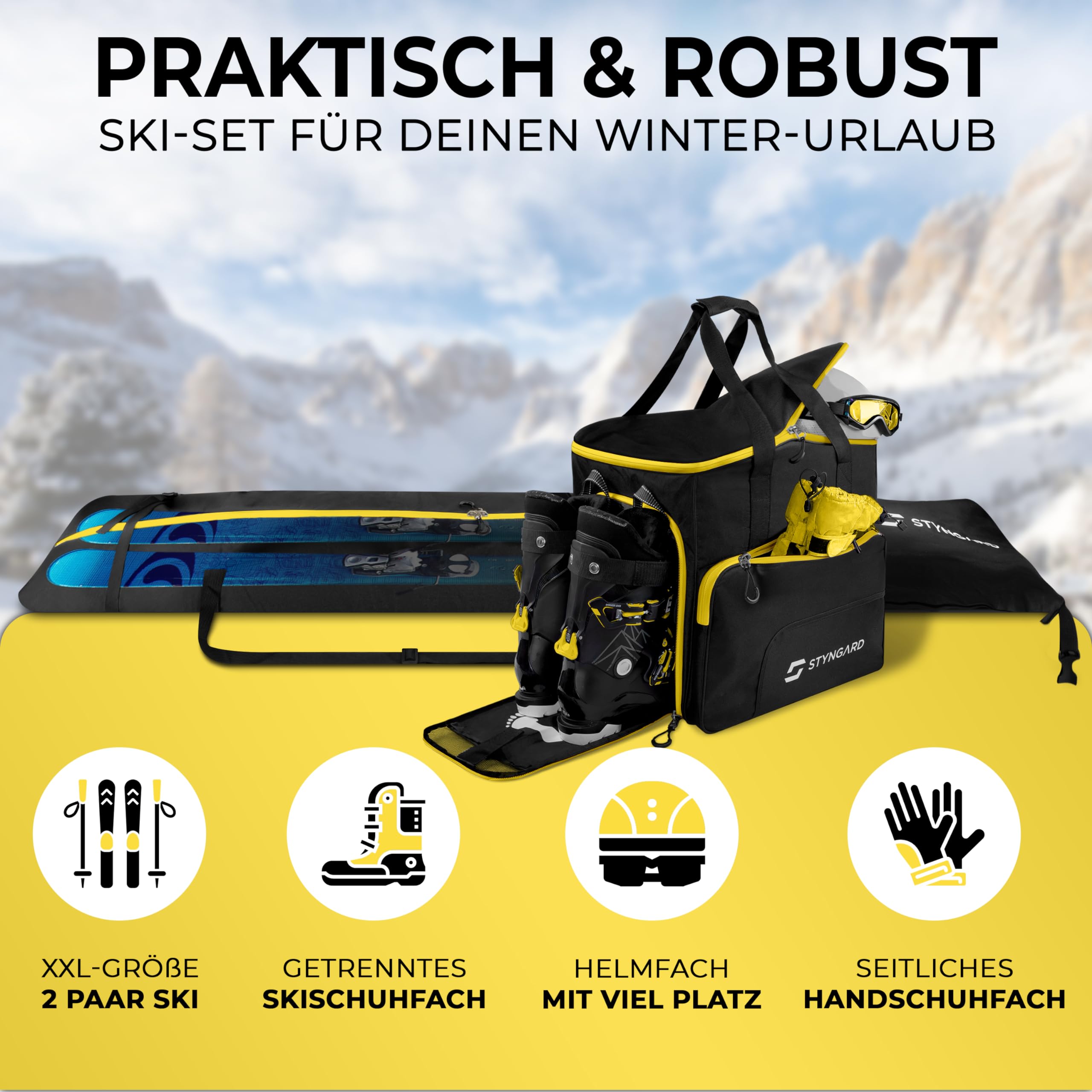 STYNGARD Skitasche Set 4-teilig (140cm-200cm) Skisack und Skischuhtasche mit Helmfach, Helmtasche, Bürste - Rolltop Skitasche und Skischuhtasche mit Lüftungsgitter Modell Salzburg