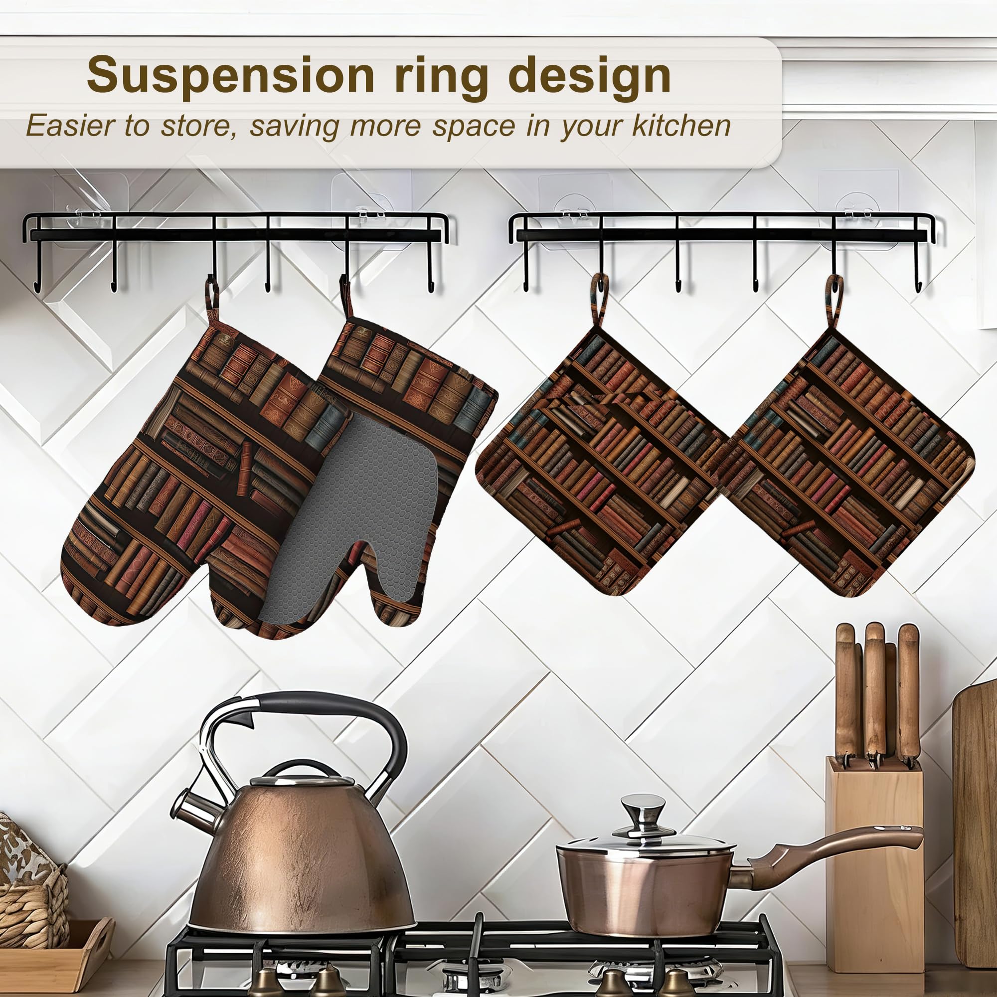 Ofenhandschuhe und Topflappen, Silikon, Küchenzubehör, Set mit 4 hitzebeständigen Handschuhen, Bücherregalen, Topflappen, rutschfester Griff für Koch, Kochen, Backen, Grillen, BBQ