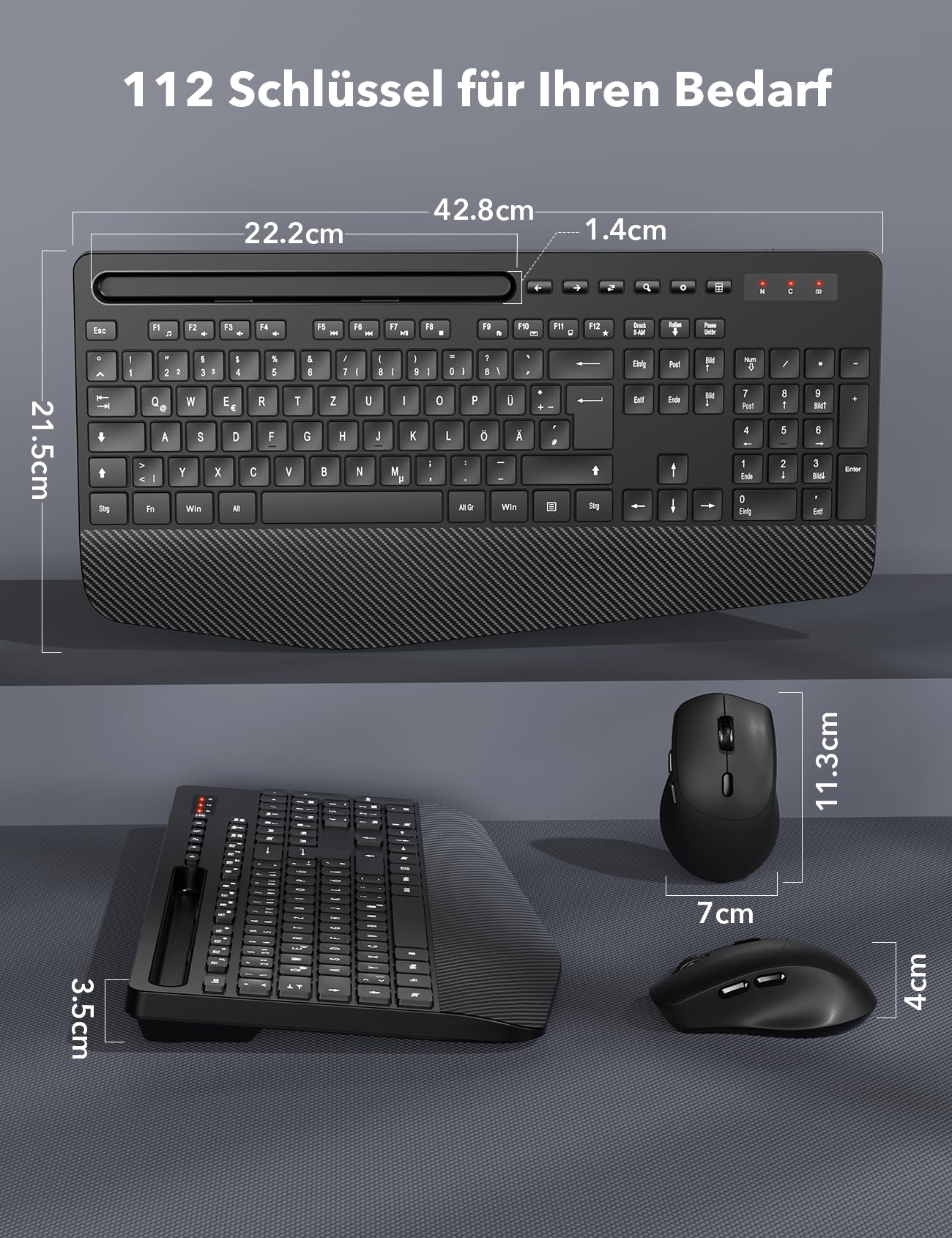 Kabelloses Tastatur Maus Set, Ergonomische Tastatur mit Handgelenkauflage, 2,4 GHz, leise, für Mac Windows Laptop PC