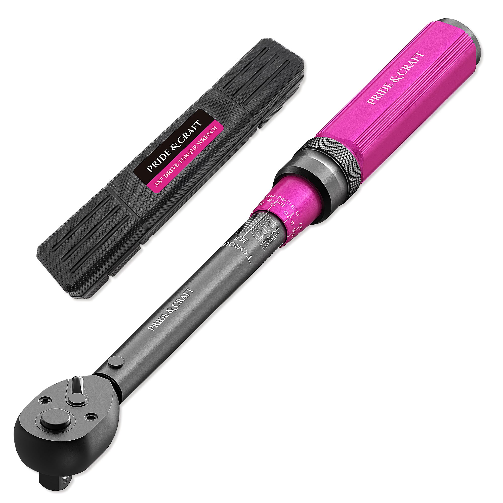 PRIDE&CRAFT Chiave dinamometrica a scatto da 3/8", 3% ad alta precisione regolabile, doppia direzione, 72 denti, 5-50 lbf.ft/6,8-68 Nm, per riparazione di biciclette, moto e auto, rosa nero