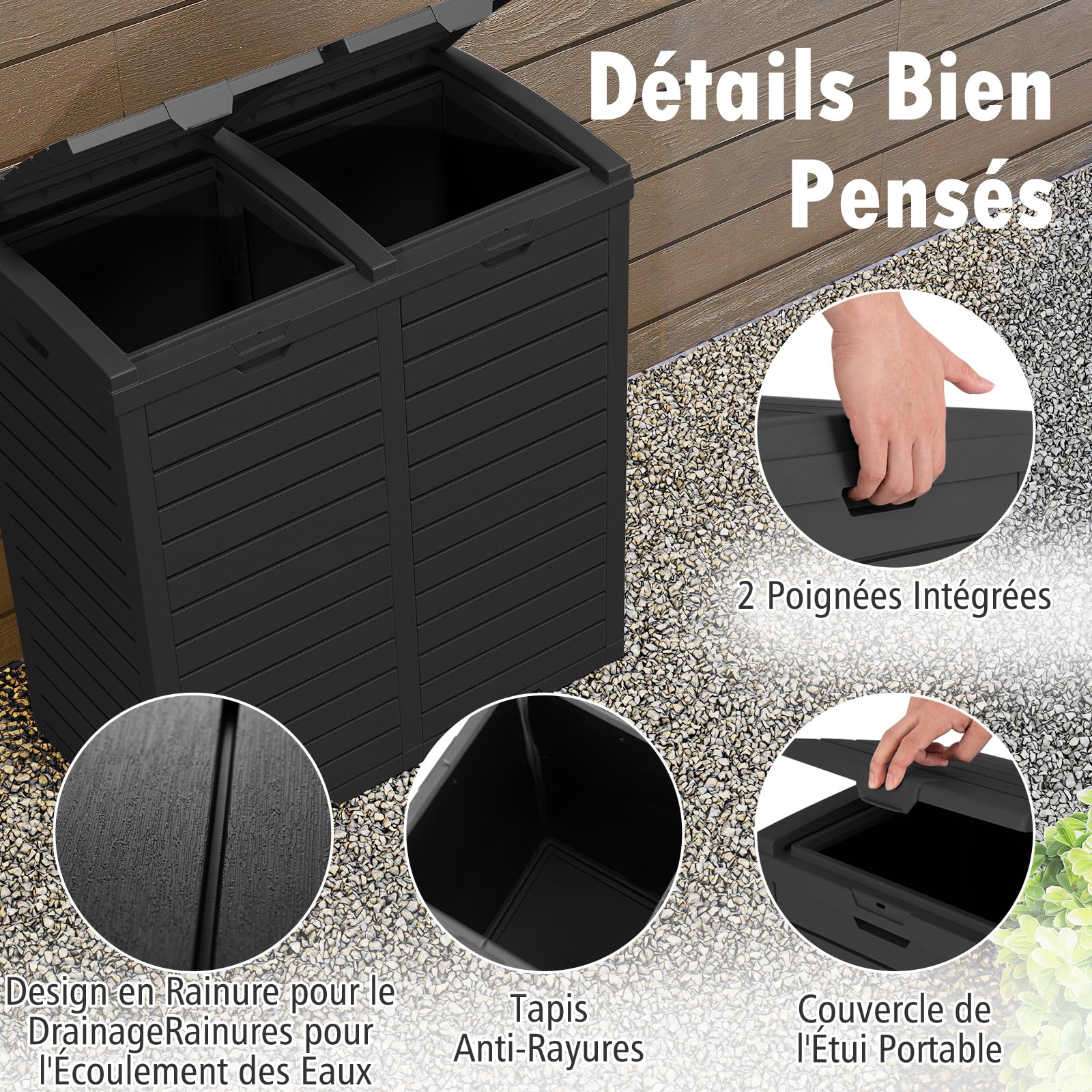 GOPLUS Poubelle Jarin Extérieure à Double Bac 236 L, Bac à Ordures Extérieur pour Déchets, Poubelle de Tri Terrasse Extérieure Intérieure avec Plusieurs Couvercles (Noir,236L|77x40x86CM)