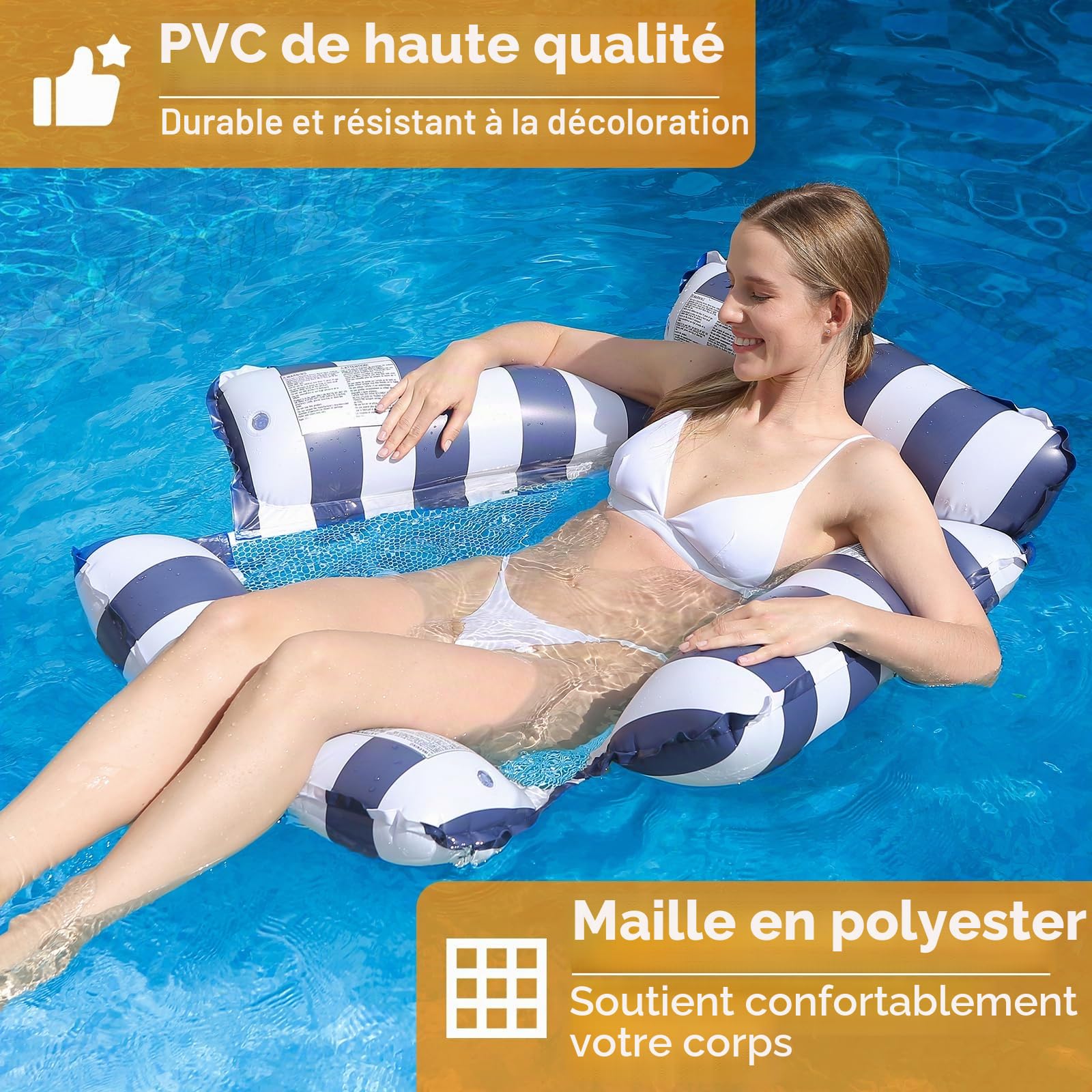 Lot de 3 Hamacs Gonflables Piscine 4 en 1, Bouée Piscine Adulte avec Filet, Fauteuil Flottant et Matelas Piscine Gonflable, Chaise Longue Flottante pour Adultes, Enfants, Plage, Vacances