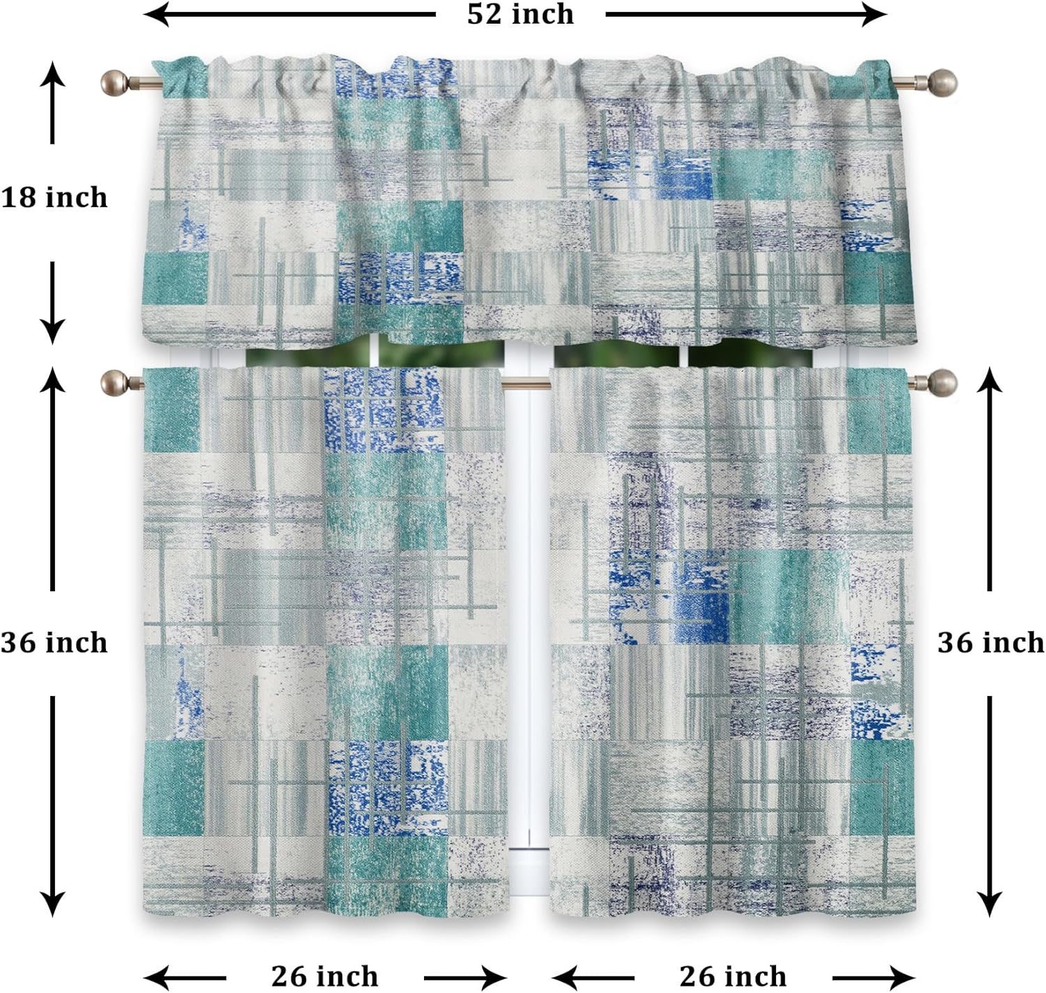Renaiss Teal Kitchen Curtains Set Geometric Abstract Art Window Curtains and Valances Set 3 Piece 36 Inch Retro Short Tier Curtain Vintage Small Kitchen Decor Curtain Bathroom Windows Rod Pocket Linen