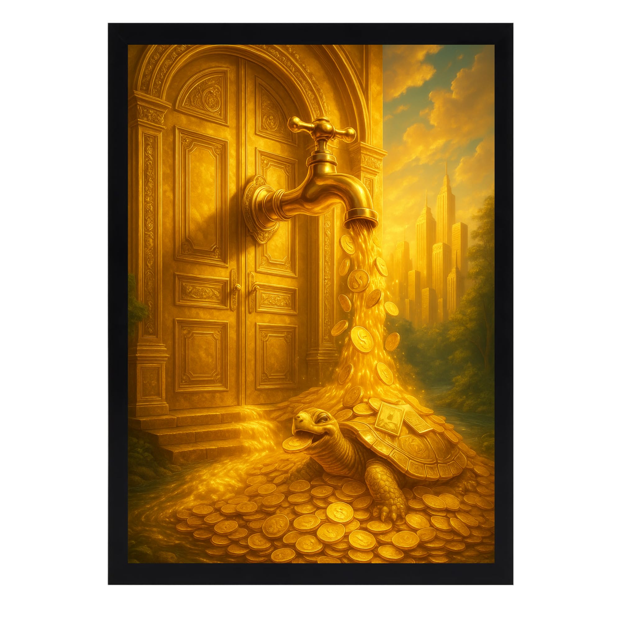 DIVARTH Money Flow Tap Painting – Vastu Home Decor Frame with Gold Coin Tap & Turtle – West Direction Wealth Art for Office & Living Room – 10x13 Inch (Black)-image-17
