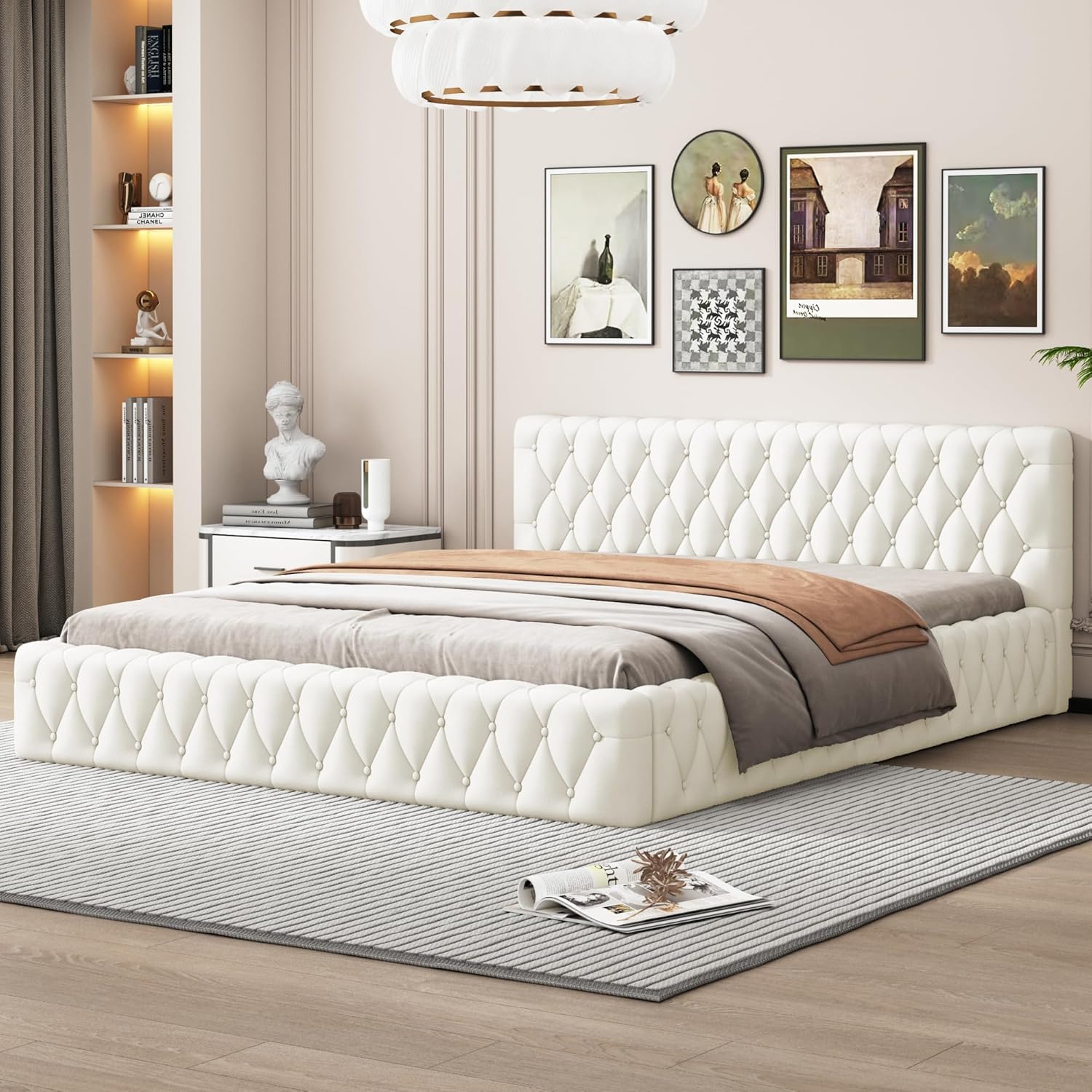 Upholstered Queen Platform Bed with Soft Fabric Solid Wood Bedframe for Bedroom, Living Room, Office, No Box Spring Needed, Beige Queen Beige