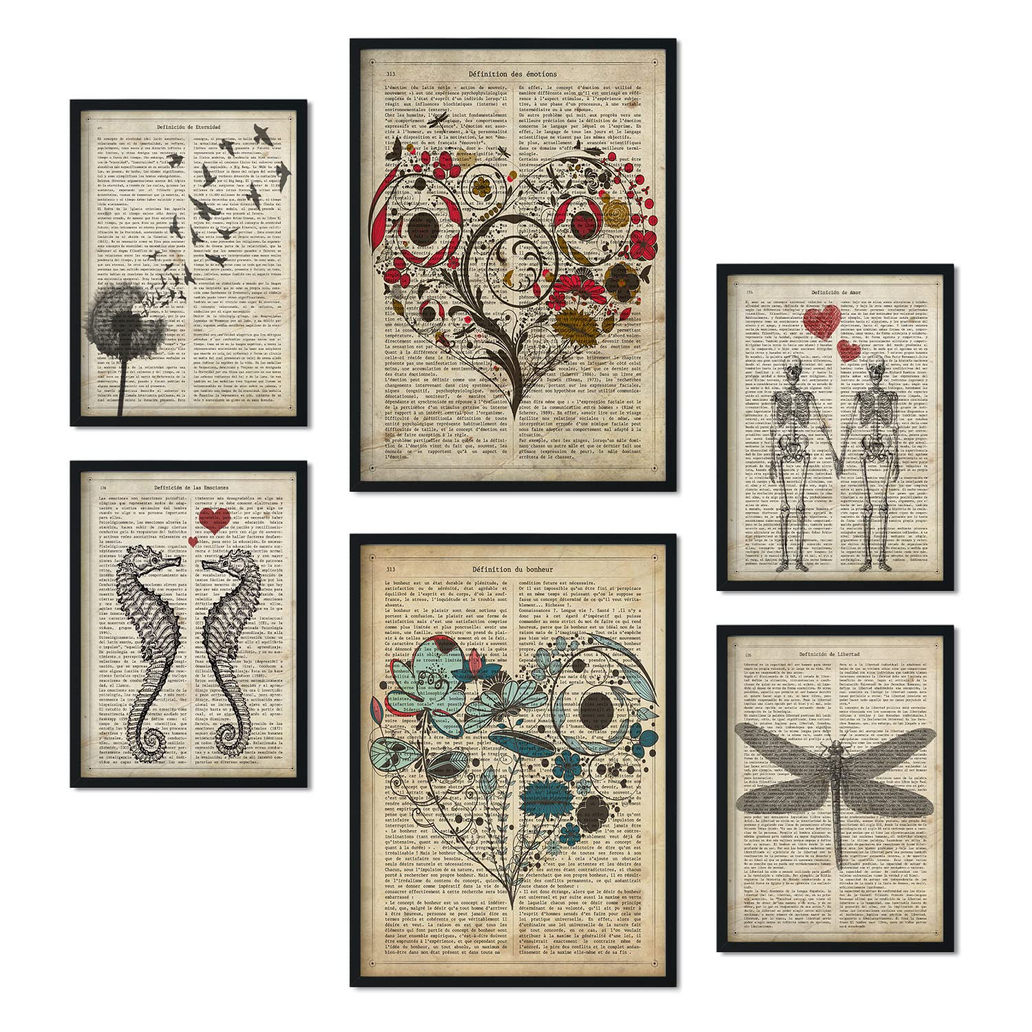 Nacnic Set of 6 posters Vintage Text Love. Collection of posters in collage aesthetic for interior decoration. Sizes A3 and A4. Black frames.